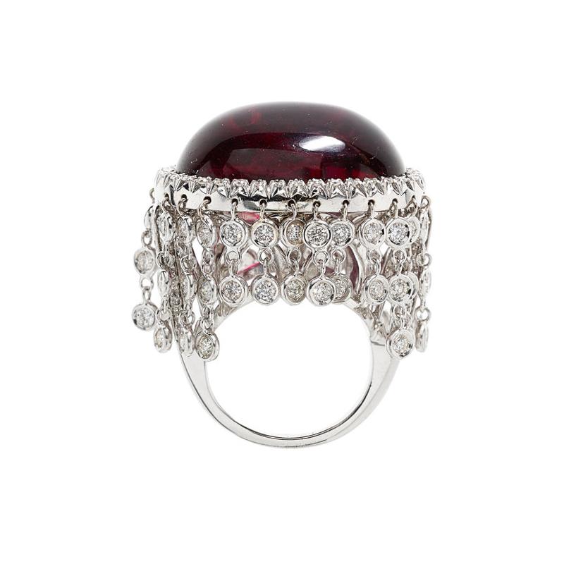 Women's Estate Cabochon Rubelite Tourmaline Diamond Chandelier Tassel Gold Ring