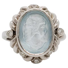 Estate Cameo Aquamarine and Diamond Ring in Platinum