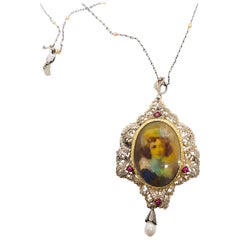 Estate Cameo Pendant Necklace and Brooch in 18 Karat White Gold