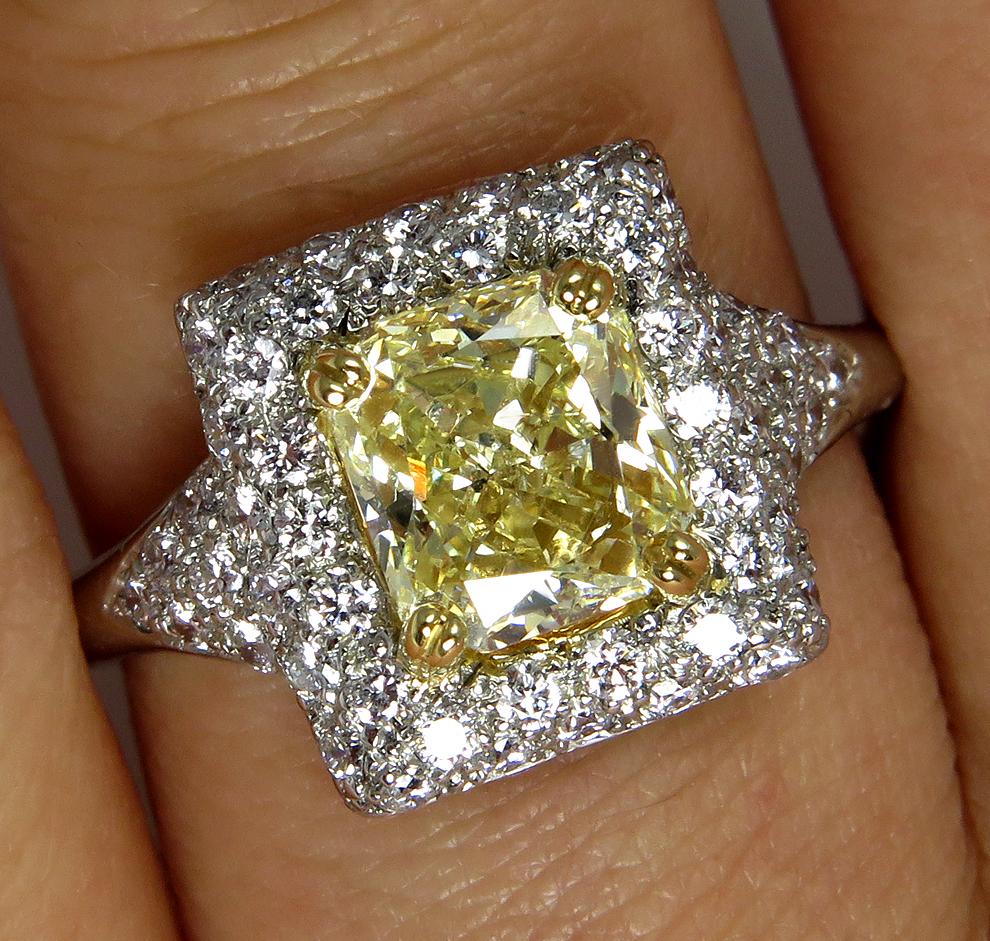Women's Estate “Canary” 2.56ctw Natural Fancy YELLOW Radiant Cut Dia Wedding Halo Ring