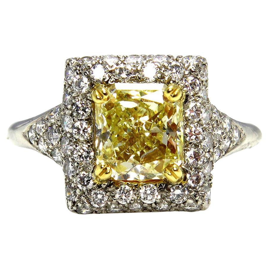Estate “Canary” 2.56ctw Natural Fancy YELLOW Radiant Cut Dia Wedding Halo Ring