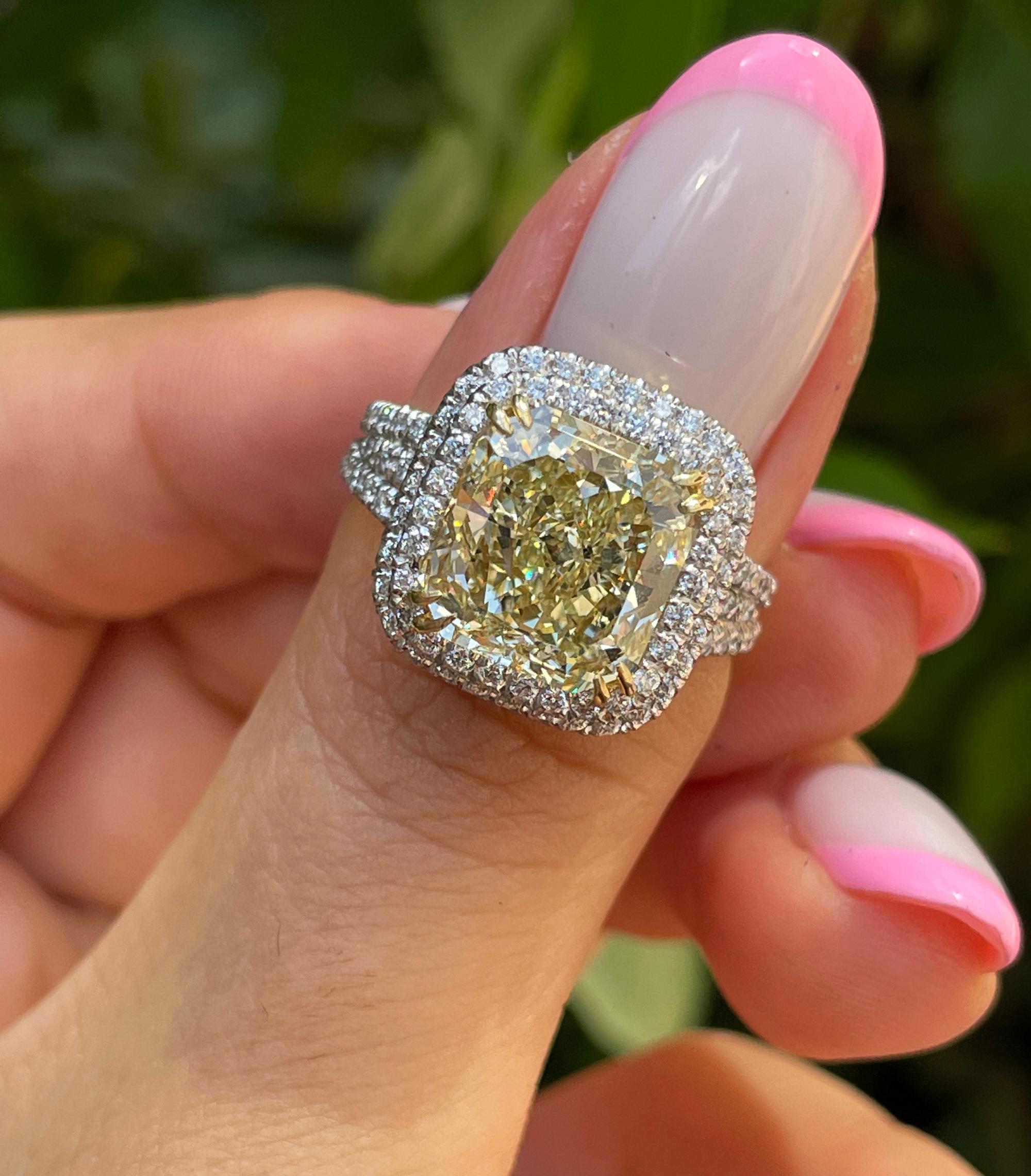 Estate “Canary” 6.03ctw Natural Fancy Yellow Radiant Diamond Halo Pave 18K Ring 7
