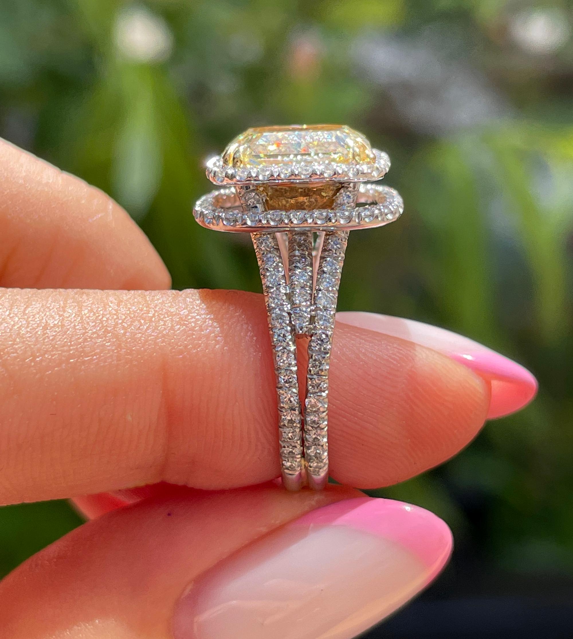 Estate “Canary” 6.03ctw Natural Fancy Yellow Radiant Diamond Halo Pave 18K Ring 9