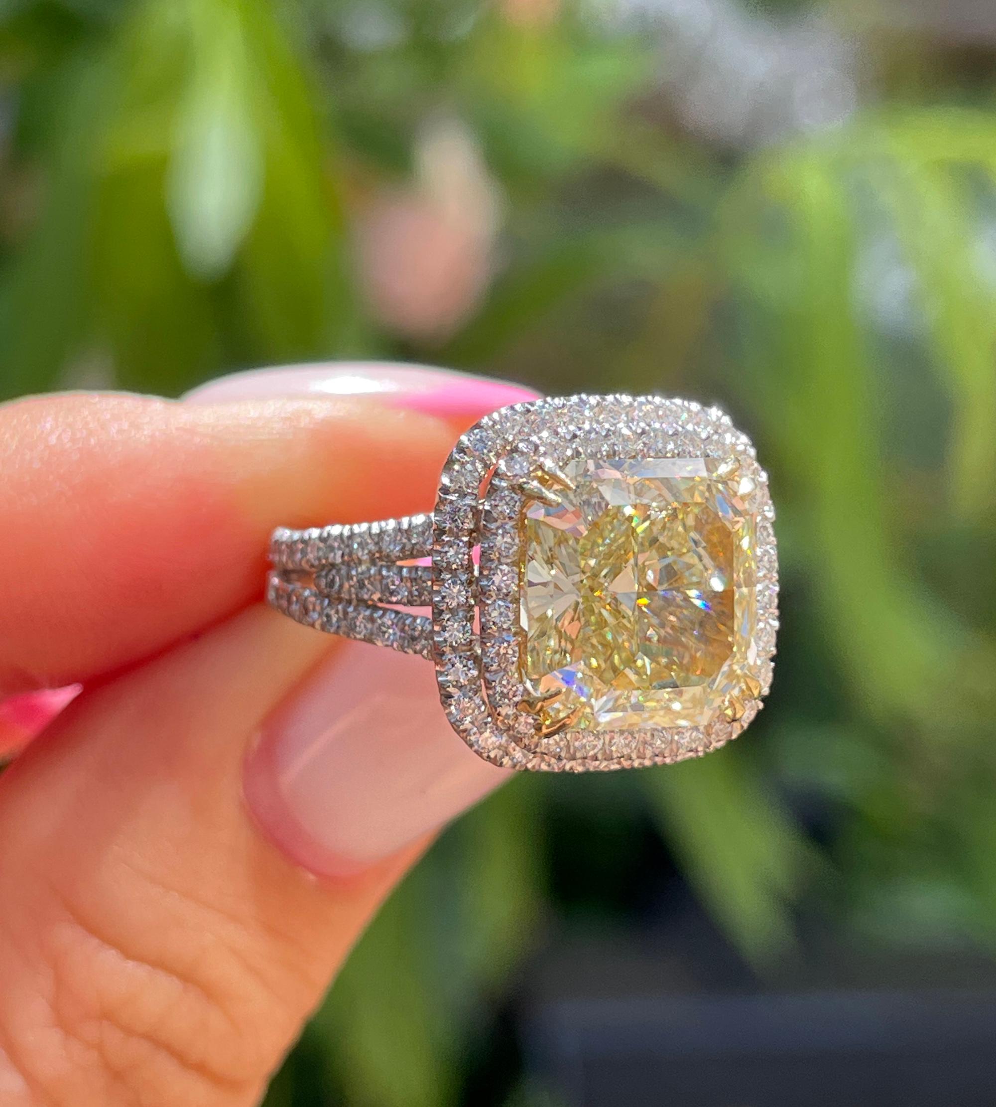 Estate “Canary” 6.03ctw Natural Fancy Yellow Radiant Diamond Halo Pave 18K Ring 10