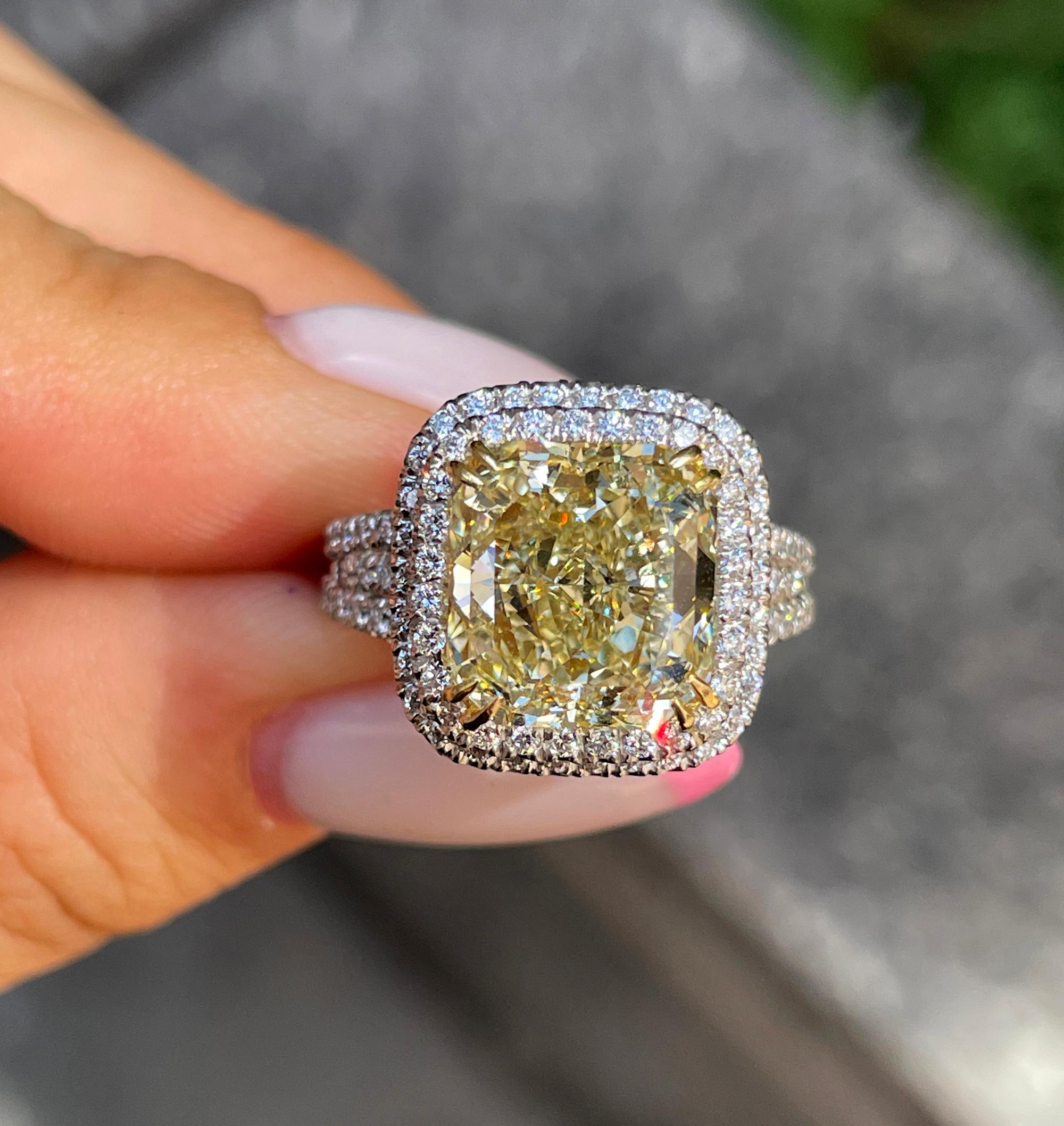 Estate “Canary” 6.03ctw Natural Fancy Yellow Radiant Diamond Halo Pave 18K Ring 12