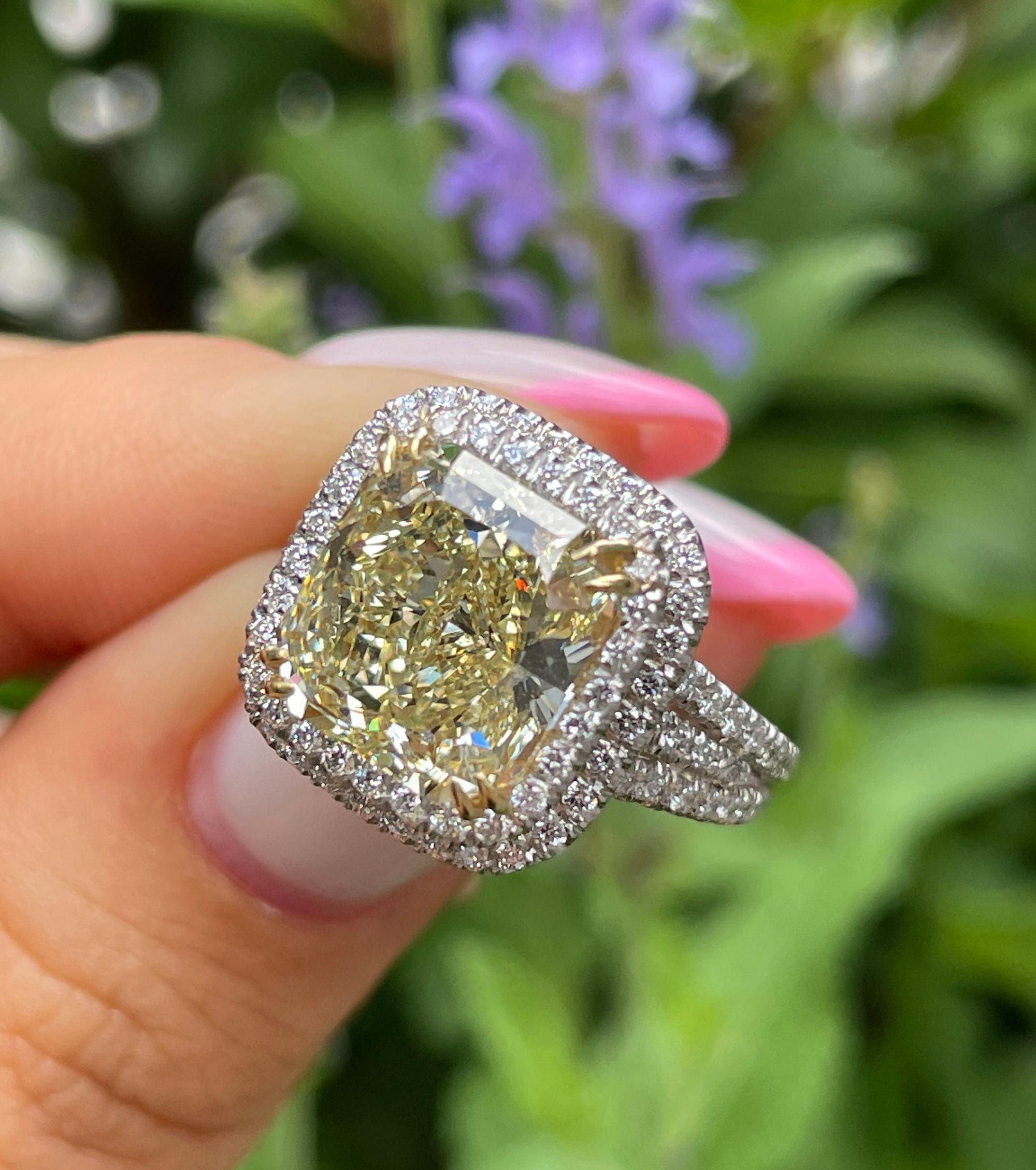 Estate “Canary” 6.03ctw Natural Fancy Yellow Radiant Diamond Halo Pave 18K Ring 13