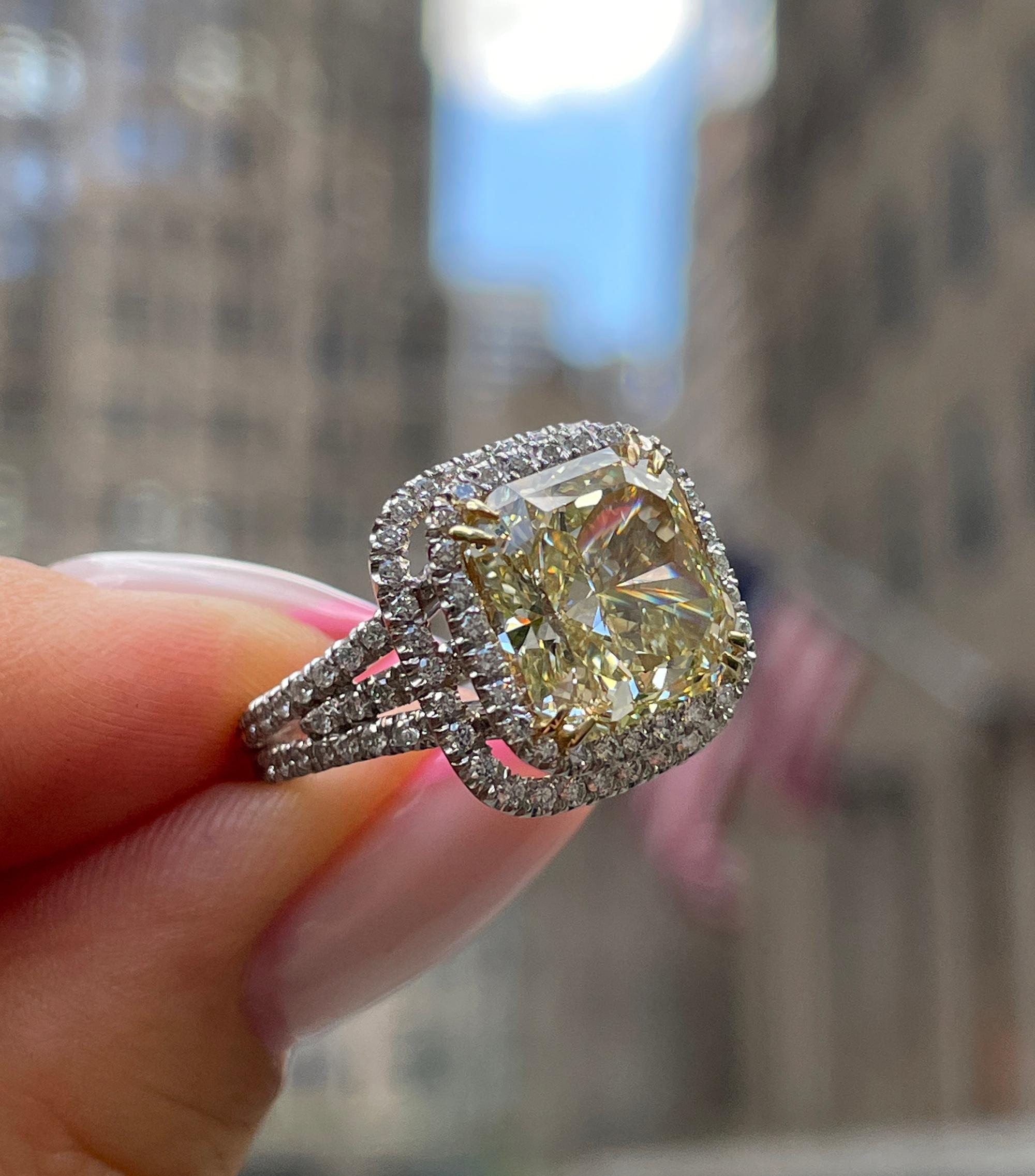 Estate “Canary” 6.03ctw Natural Fancy Yellow Radiant Diamond Halo Pave 18K Ring 14