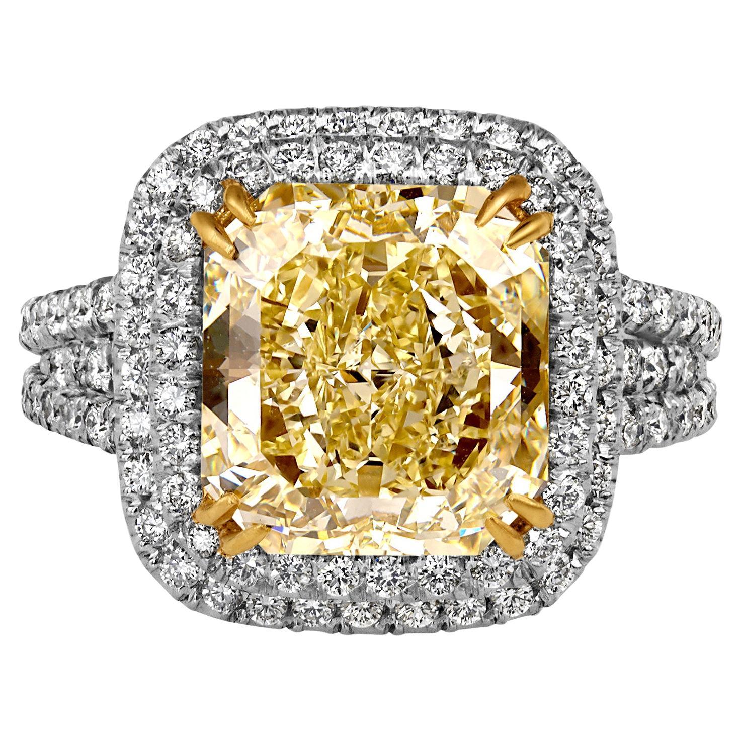 Estate “Canary” 6.03ctw Natural Fancy Yellow Radiant Diamond Halo Pave 18K Ring