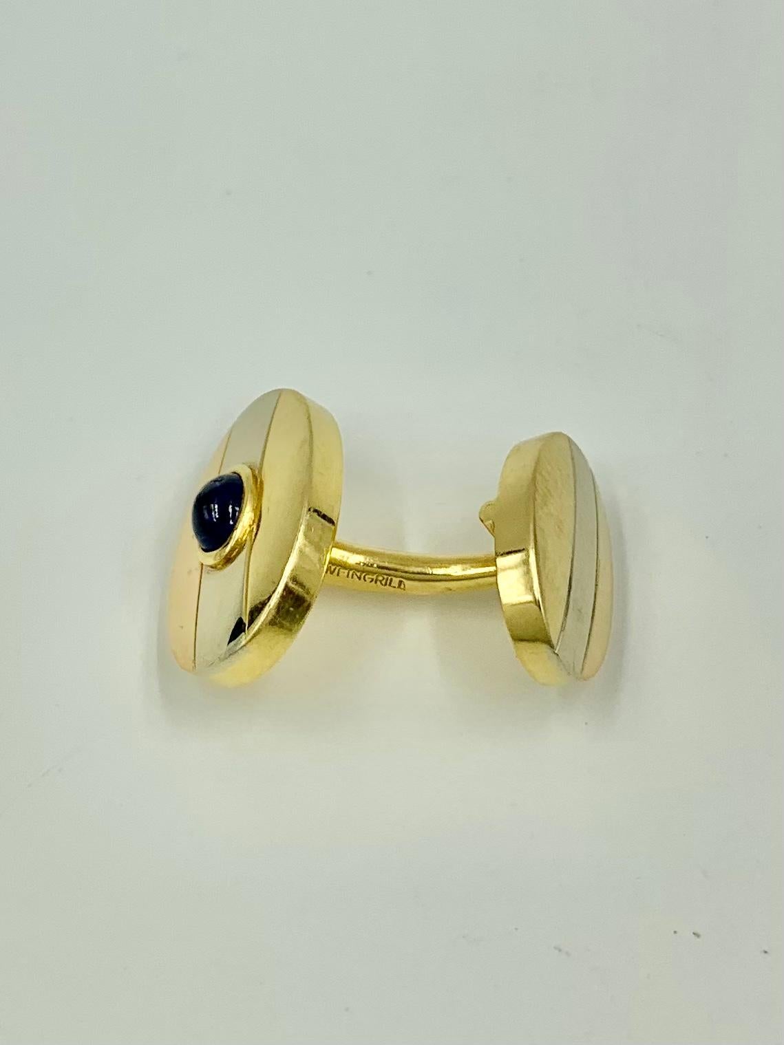Art Deco Estate Carlo Weingrill Cabochon Sapphire 18K Tri-Color Gold Oval Cufflinks For Sale