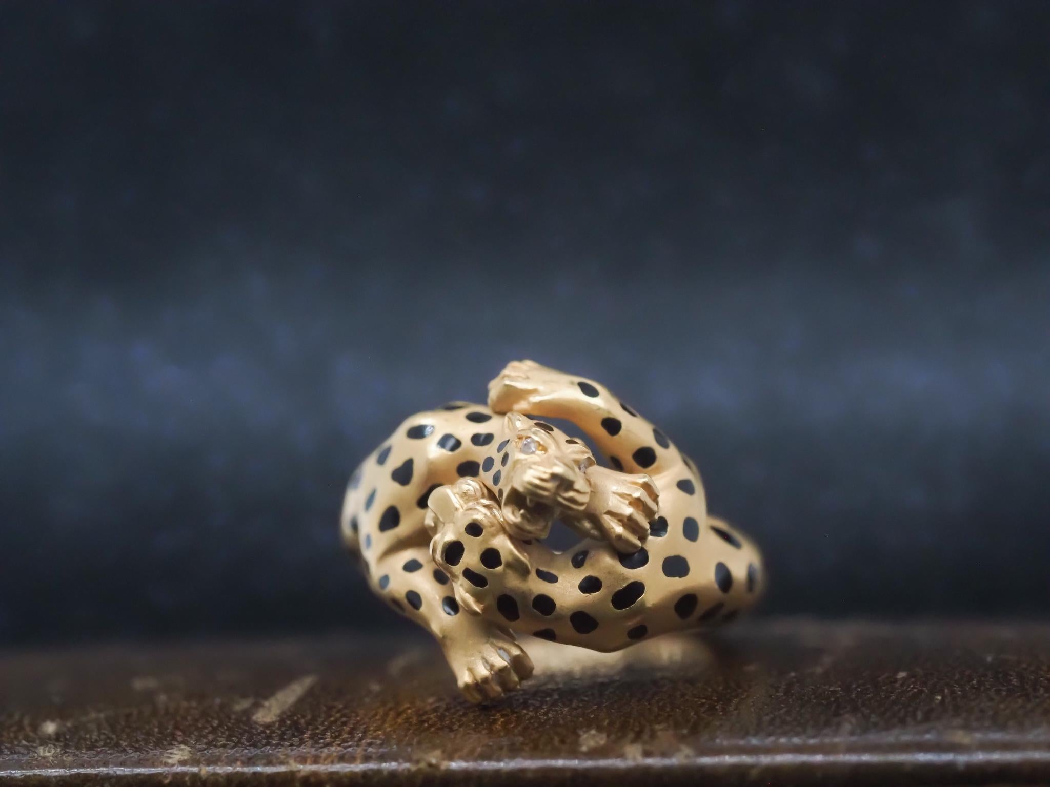 Taille brillant Estate Carrera y Carrera Two Leopard Bague en or jaune 18K avec diamants - VHK#943a en vente