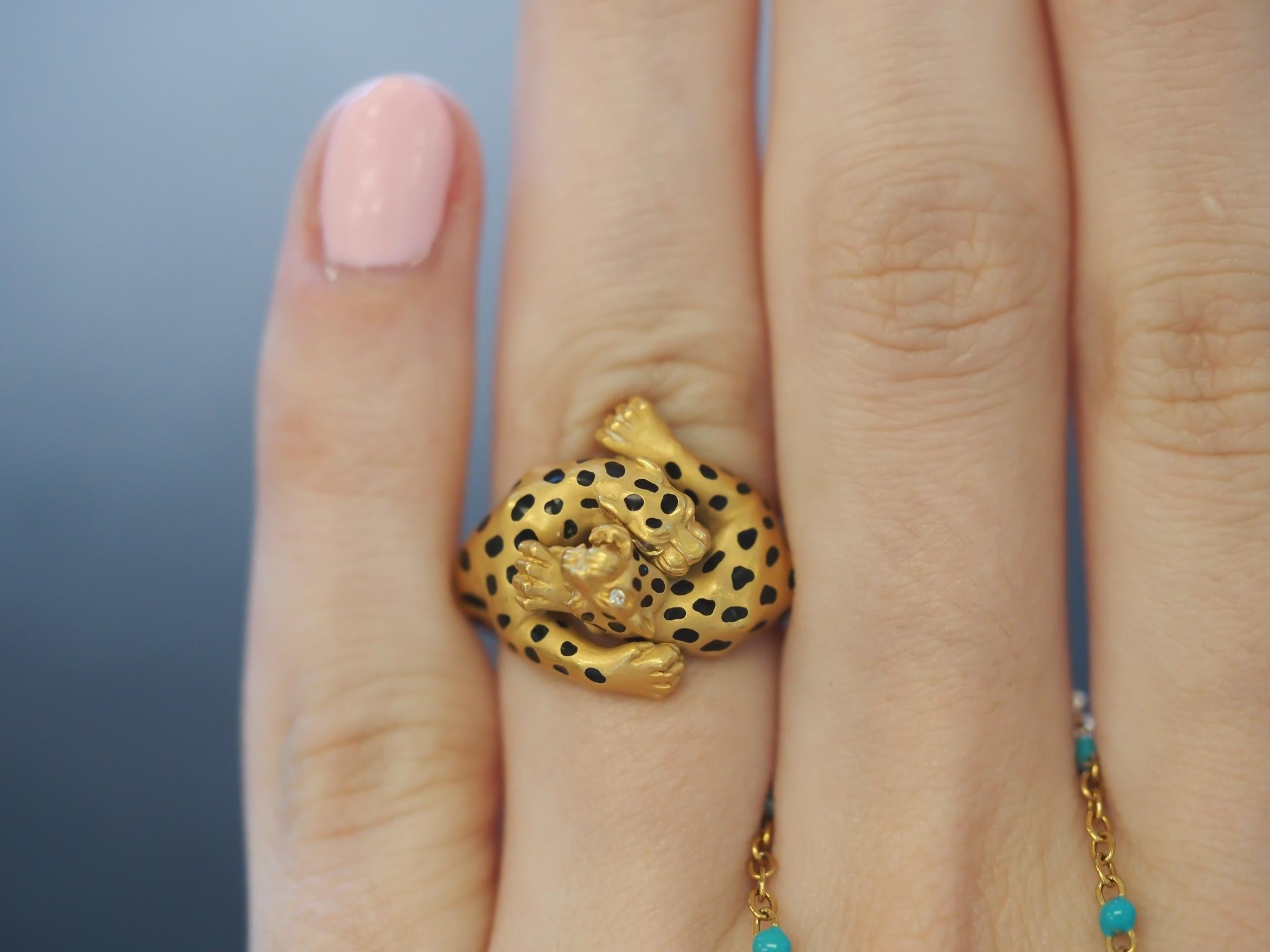 Estate Carrera y Carrera Two Leopard Bague en or jaune 18K avec diamants - VHK#943a Pour femmes en vente