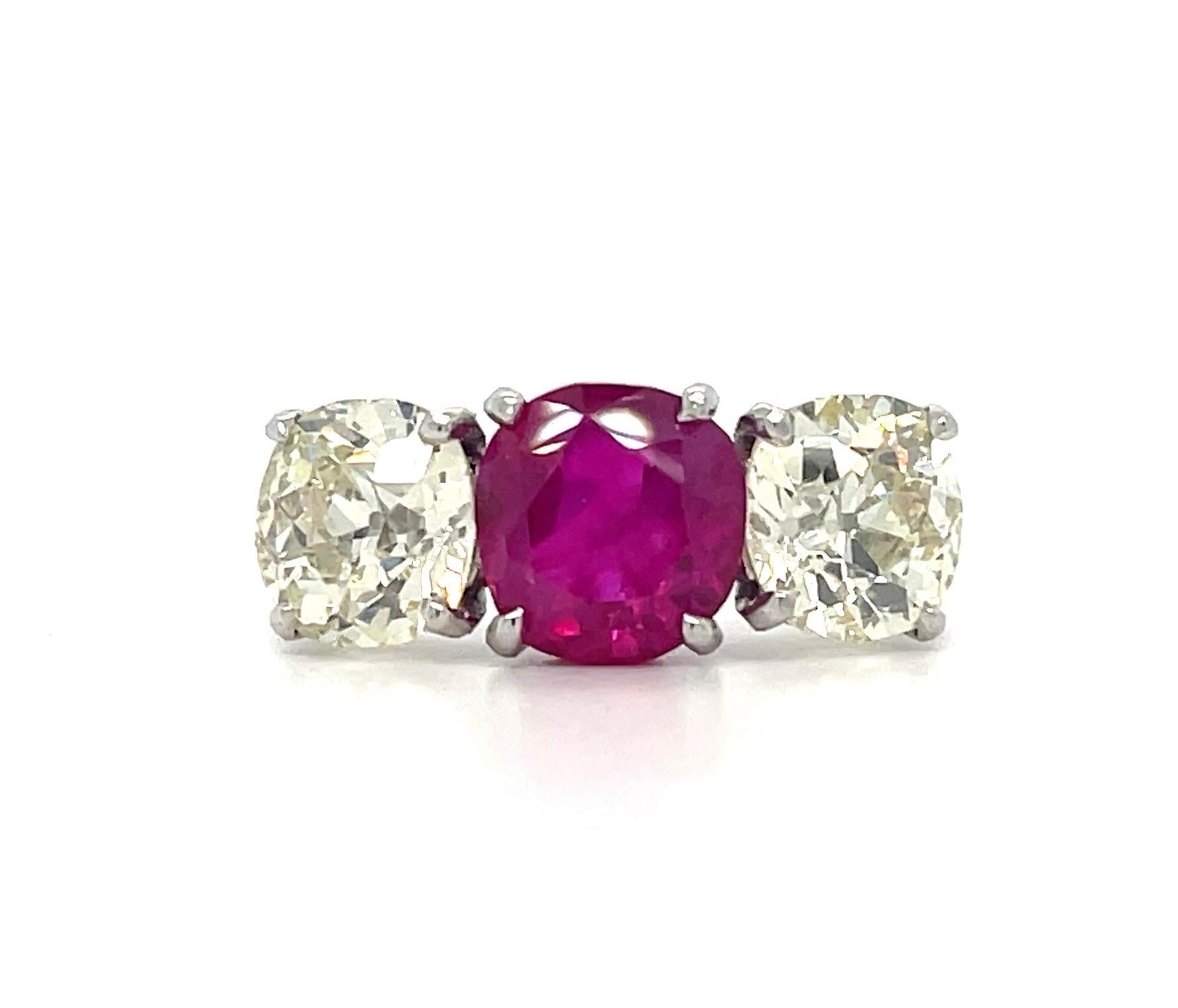 Estate Cartier Art Deco 3.41 ct Burma No Heat Ruby Platinum Ring with GIA Certification , accented by 3.90ctw Old European Diamonds I-J color Vintage Circa 1930's. Beautiful Ring which could be used as an engagement ring or a cocktail ring.  Size 10
