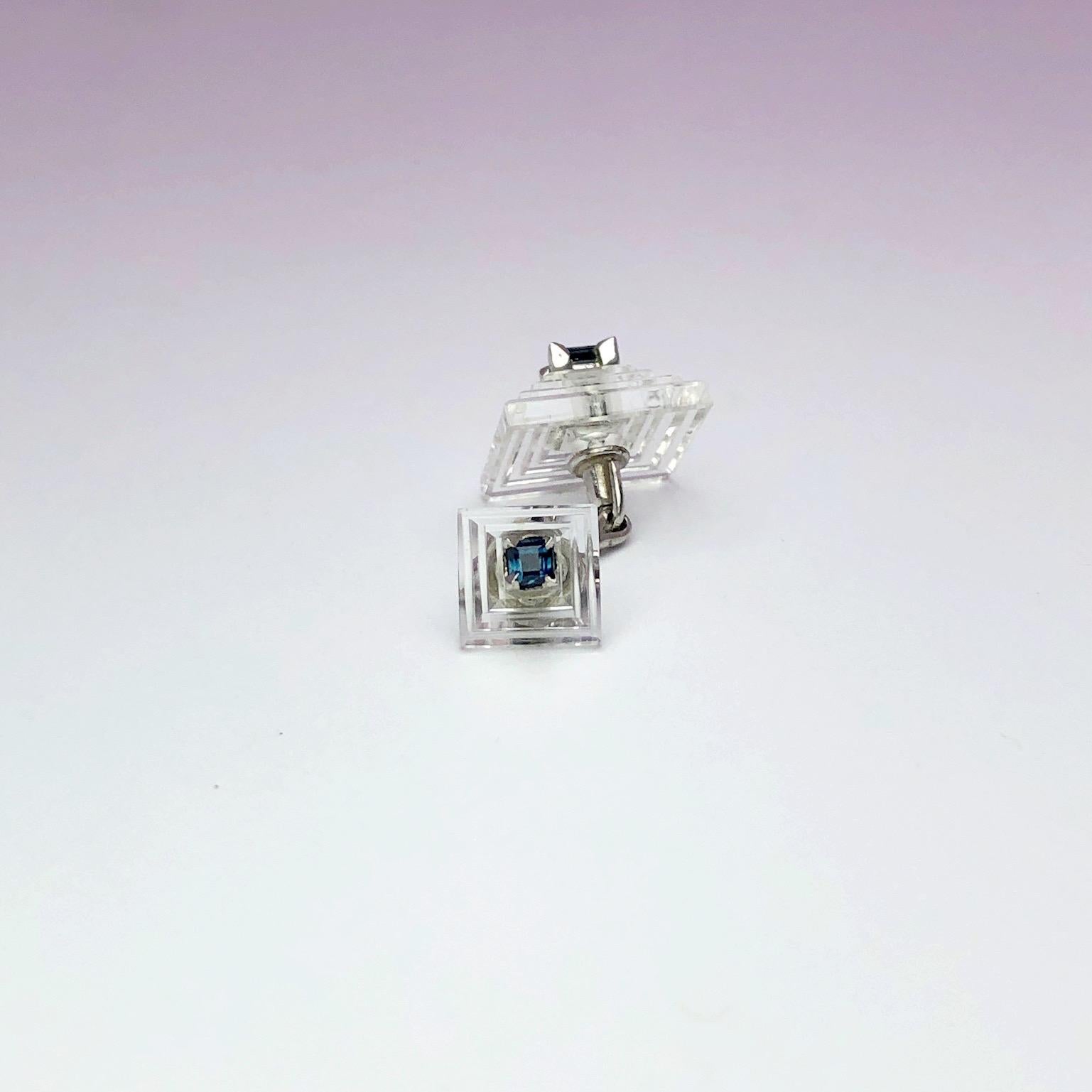 Estate Cartier Carved Crystal Pyramid Cufflinks with Blue Sapphires in Platinum In New Condition In New York, NY