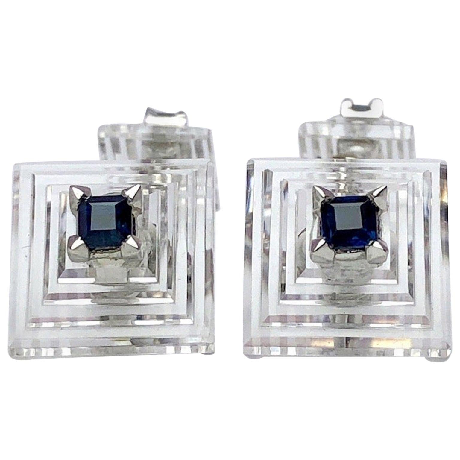 Estate Cartier Carved Crystal Pyramid Cufflinks with Blue Sapphires in Platinum