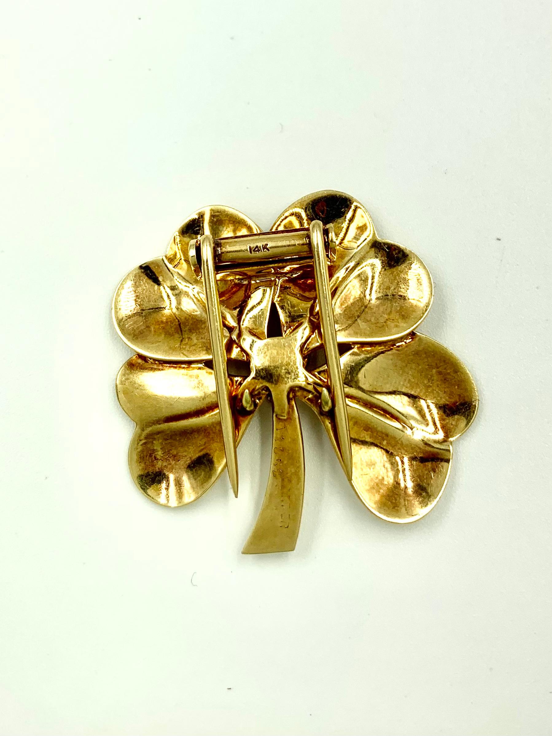 Estate Cartier Ruby 14K Yellow Gold Four Leaf Clover Clip Pendant Brooch For Sale 1