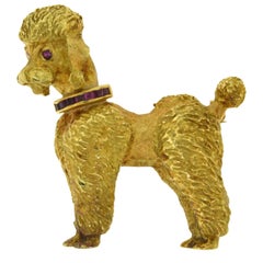 Estate Cartier Yellow Gold Poodle Brooch with Sapphire Collar and Eyes