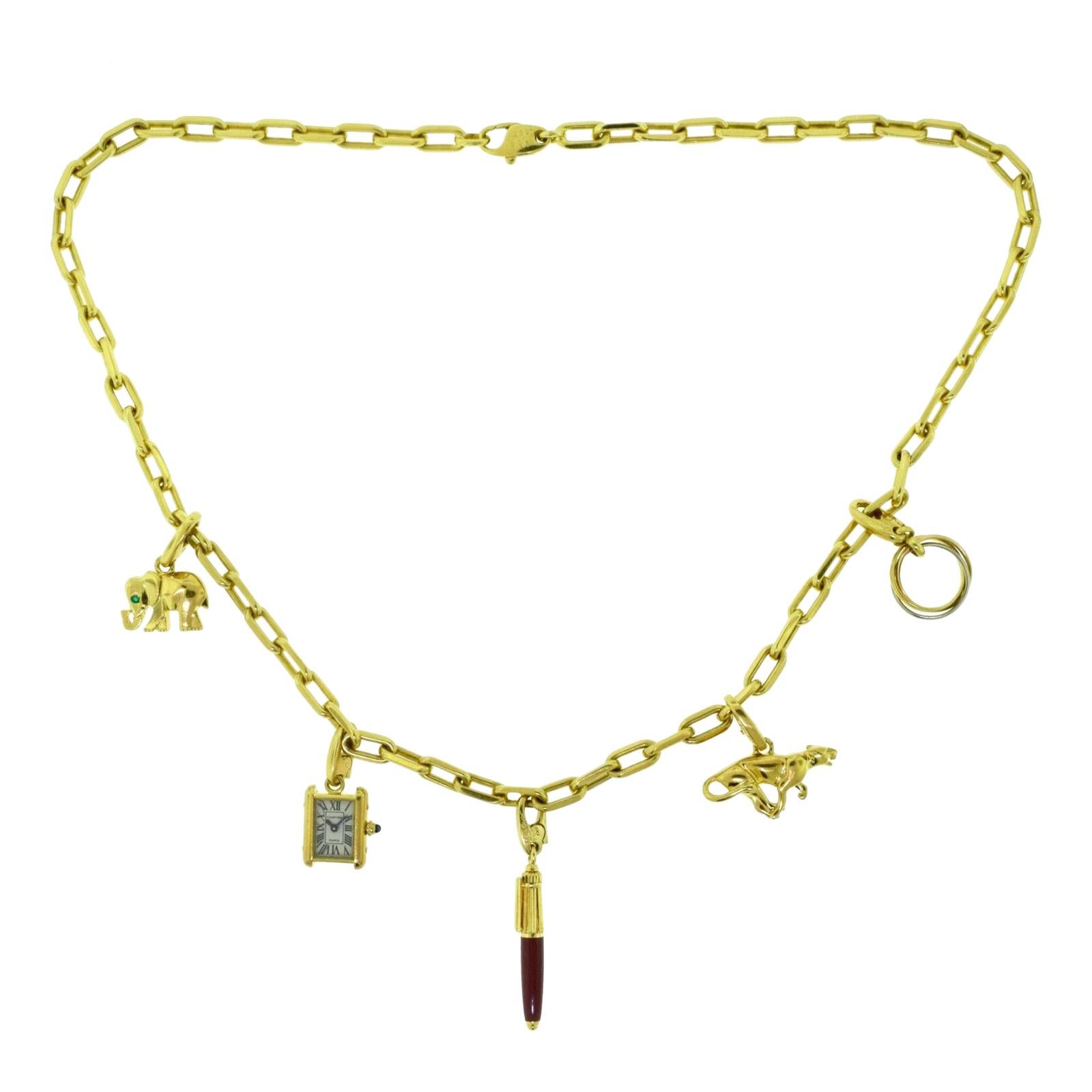 Estate Cartier Yellow Gold Santos Necklace with Set of Cartier Charms