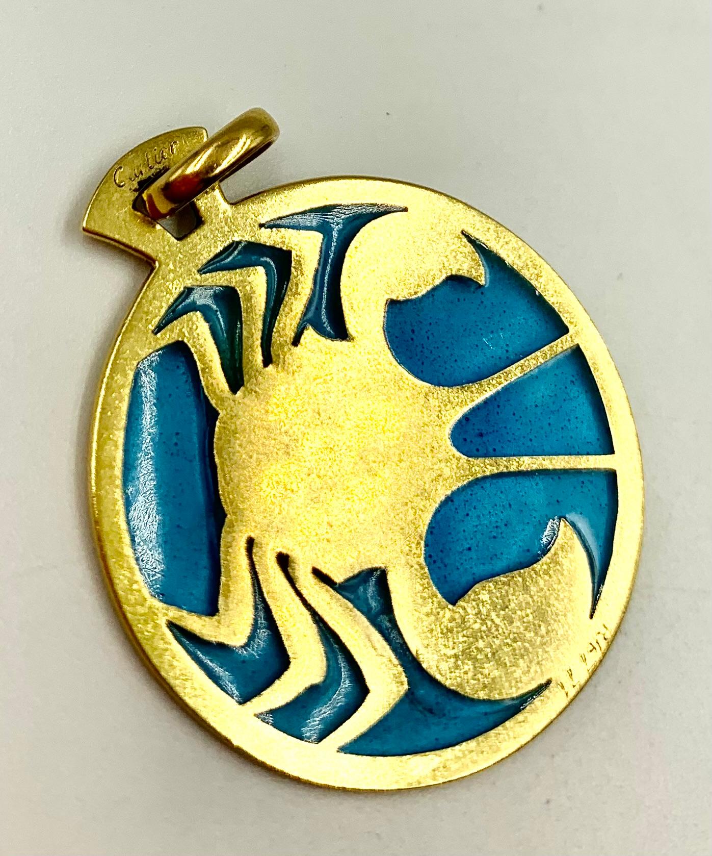 Estate Cartier Zodiac Plique-a-Jour, Polychrome Enamel 18K Yellow Gold Pendant For Sale 6