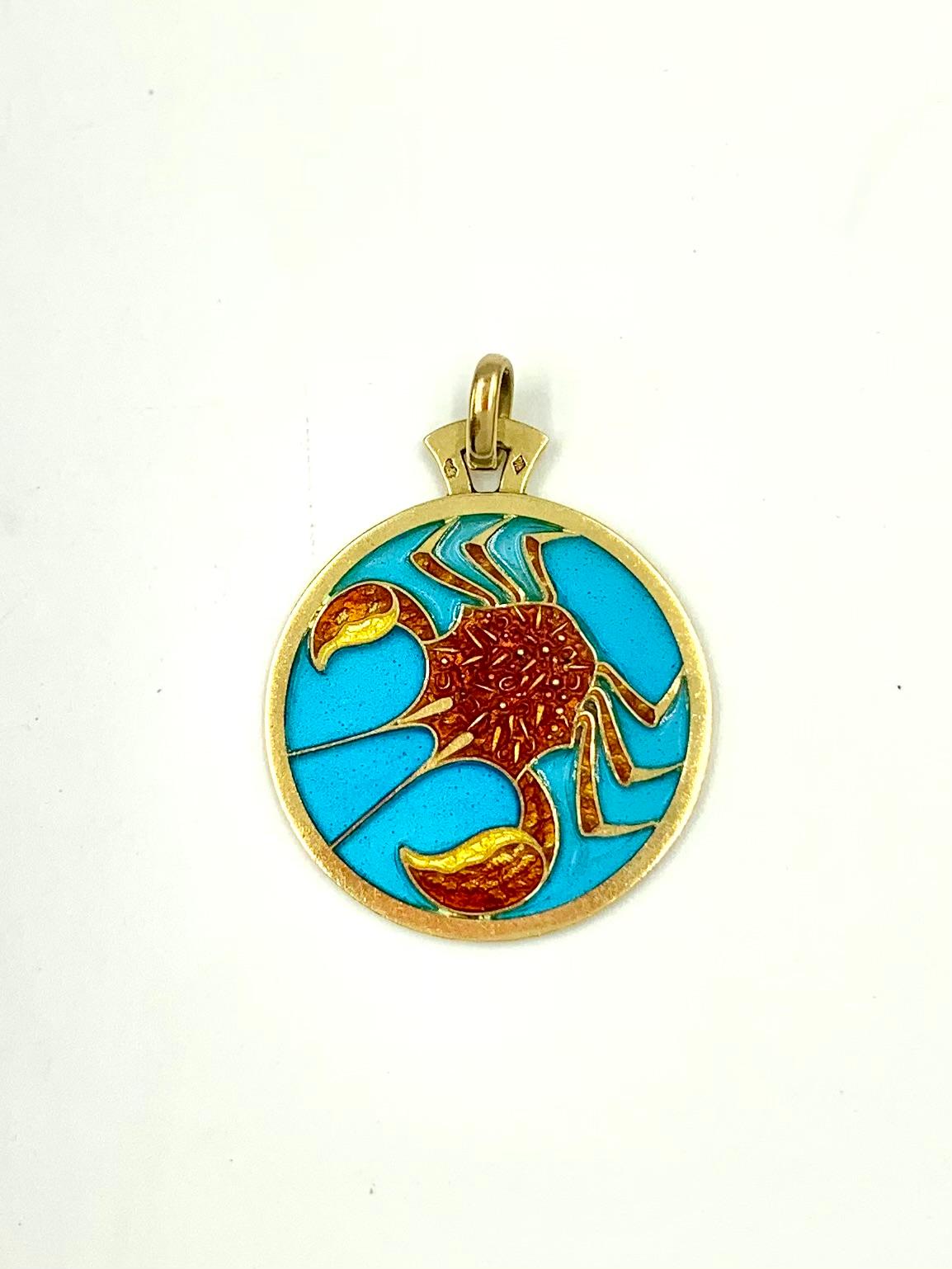 Estate Cartier Zodiac Plique-a-Jour, Polychrome Enamel 18K Yellow Gold Pendant For Sale 7