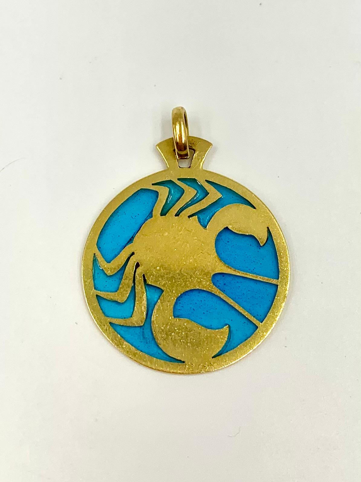 Estate Cartier Zodiac Plique-a-Jour, Polychrome Enamel 18K Yellow Gold Pendant For Sale 8