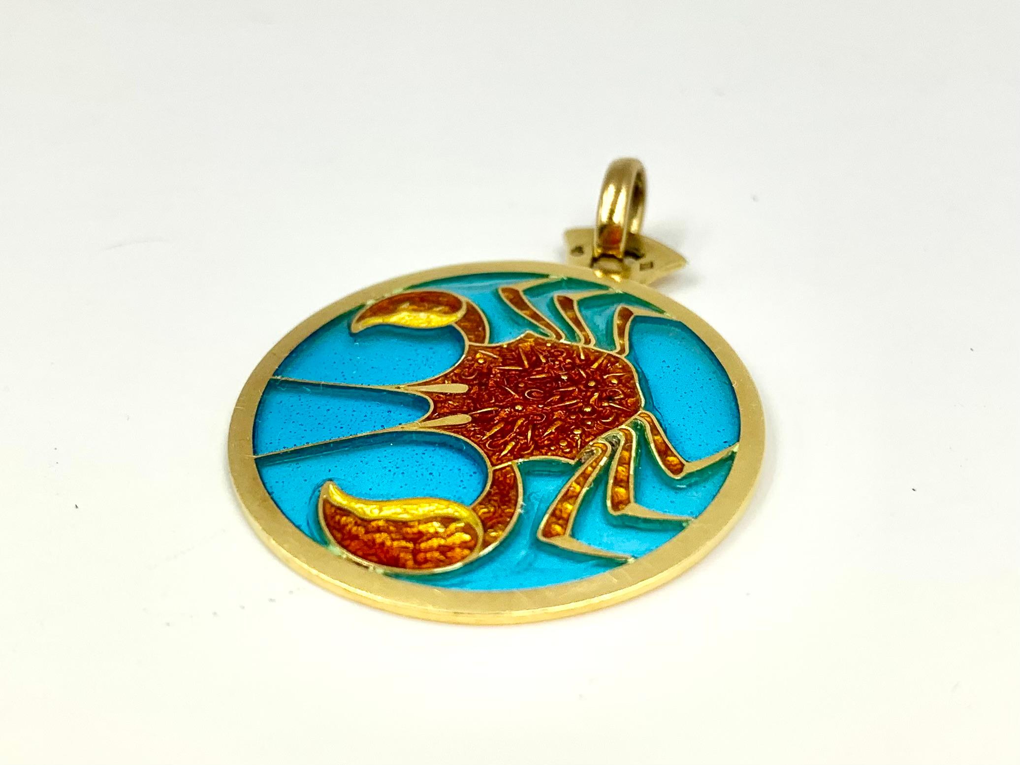 Estate Cartier Zodiac Plique-a-Jour, Polychrome Enamel 18K Yellow Gold Pendant For Sale 9