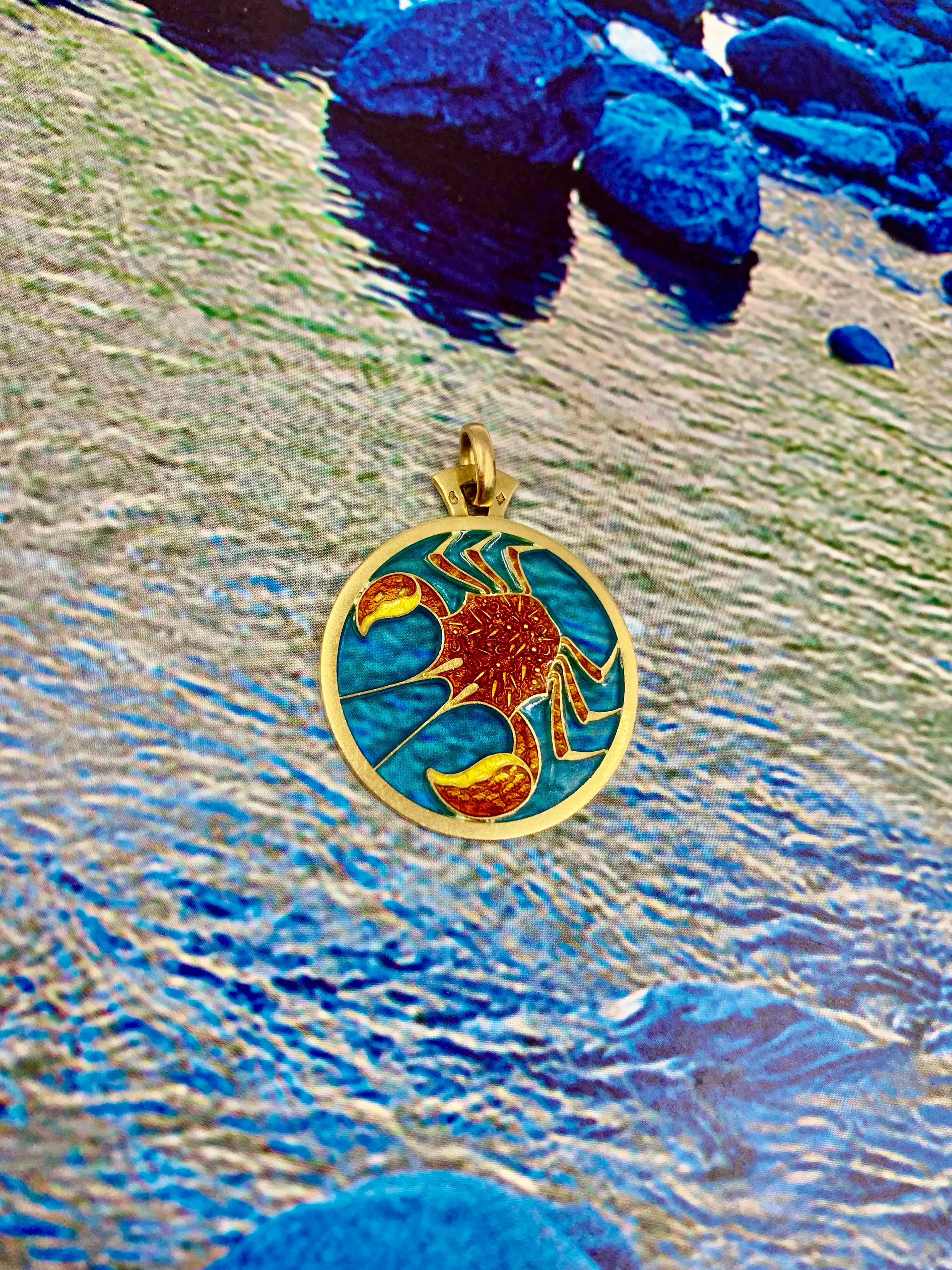 Estate Cartier Zodiac Plique-a-Jour, Polychrome Enamel 18K Yellow Gold Pendant For Sale 10