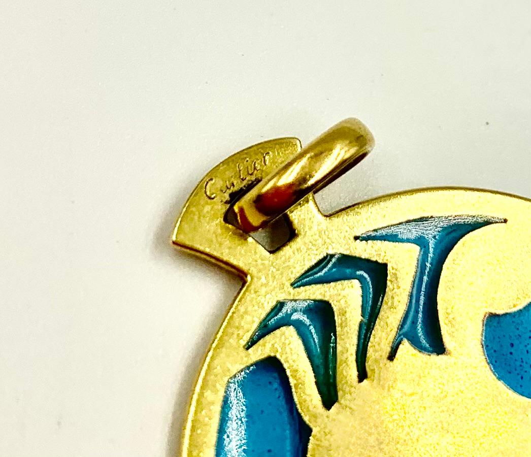 Women's or Men's Estate Cartier Zodiac Plique-a-Jour, Polychrome Enamel 18K Yellow Gold Pendant For Sale
