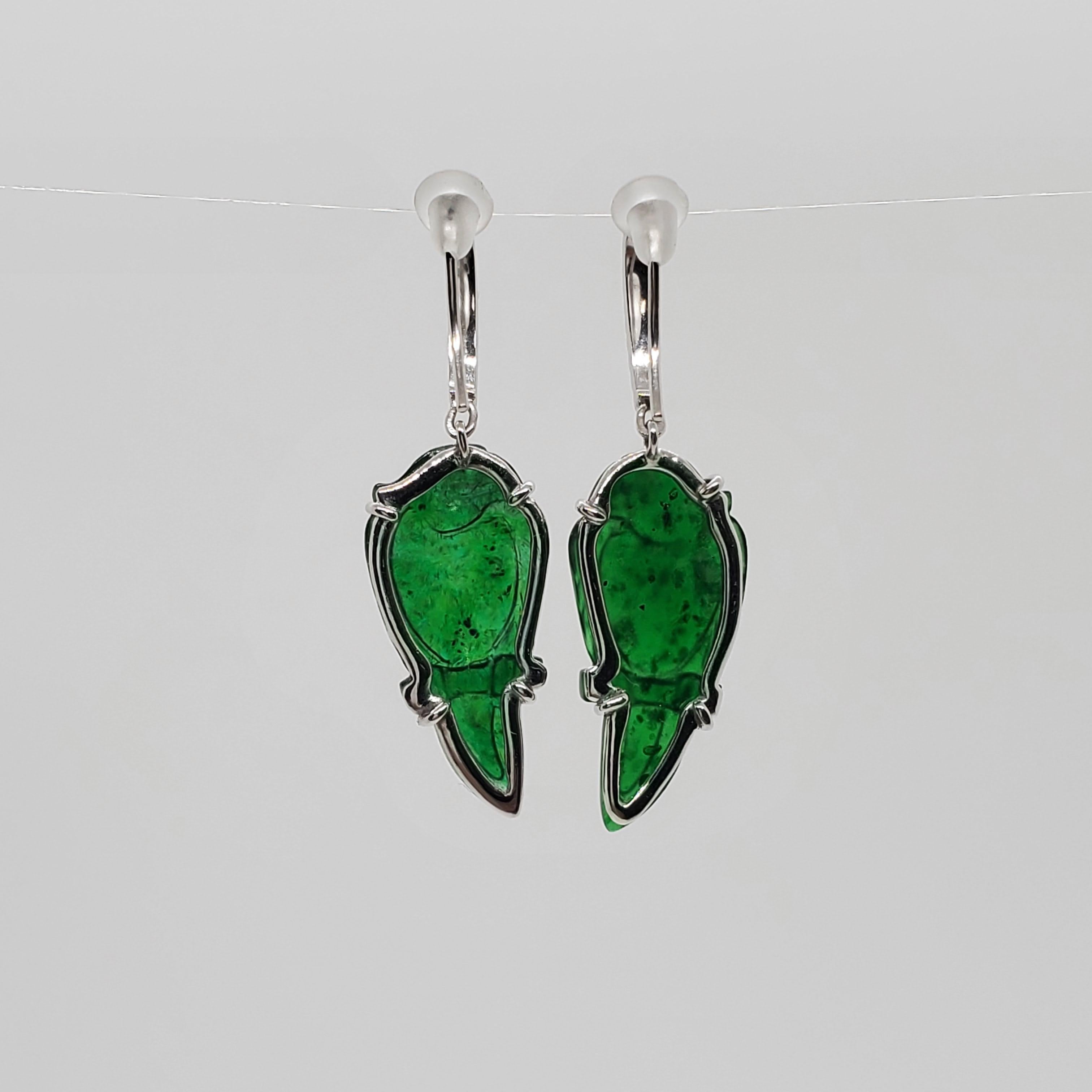 Uncut Estate Carved Green Jade and White Diamond Earrings in Platinum