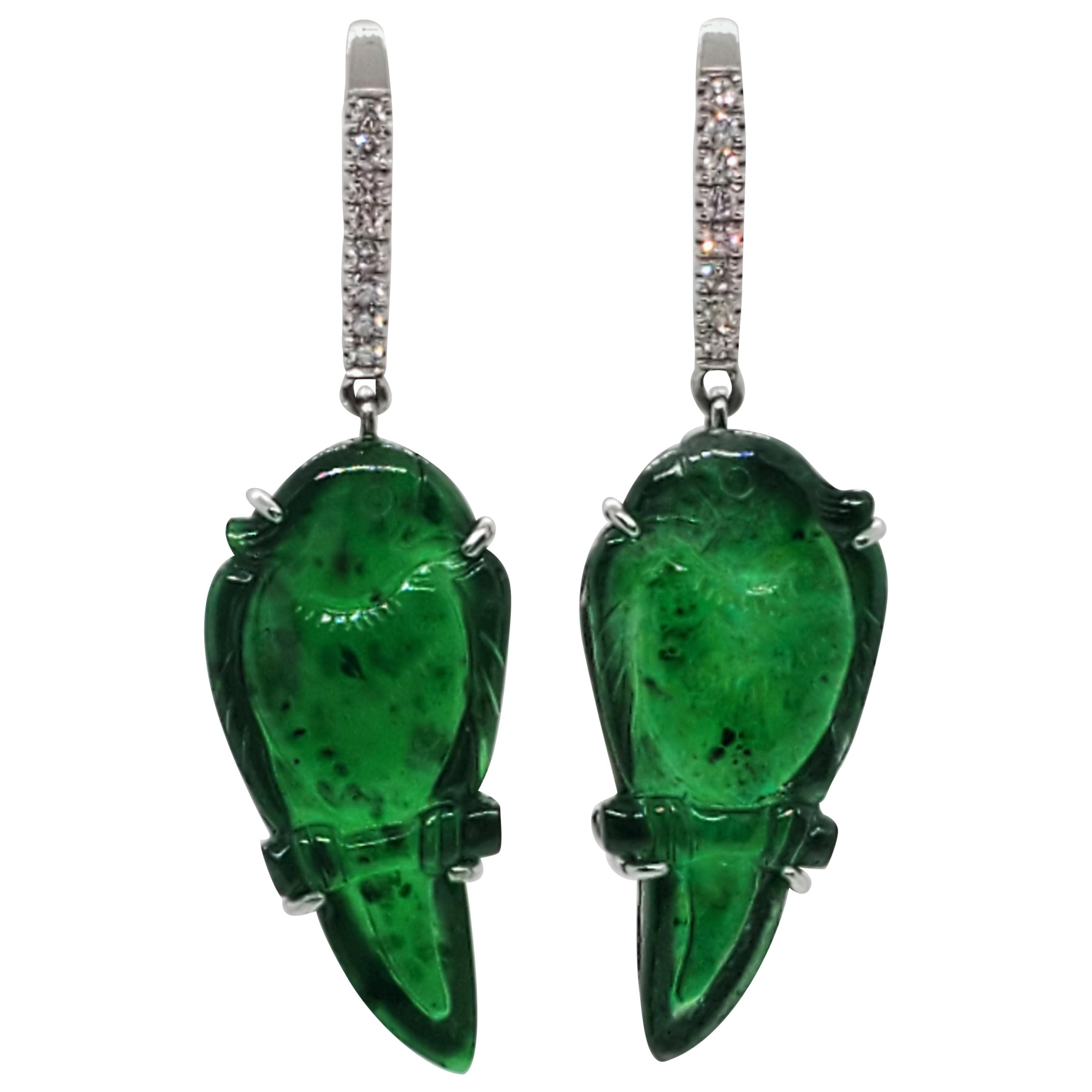 Estate Carved Green Jade and White Diamond Earrings in Platinum