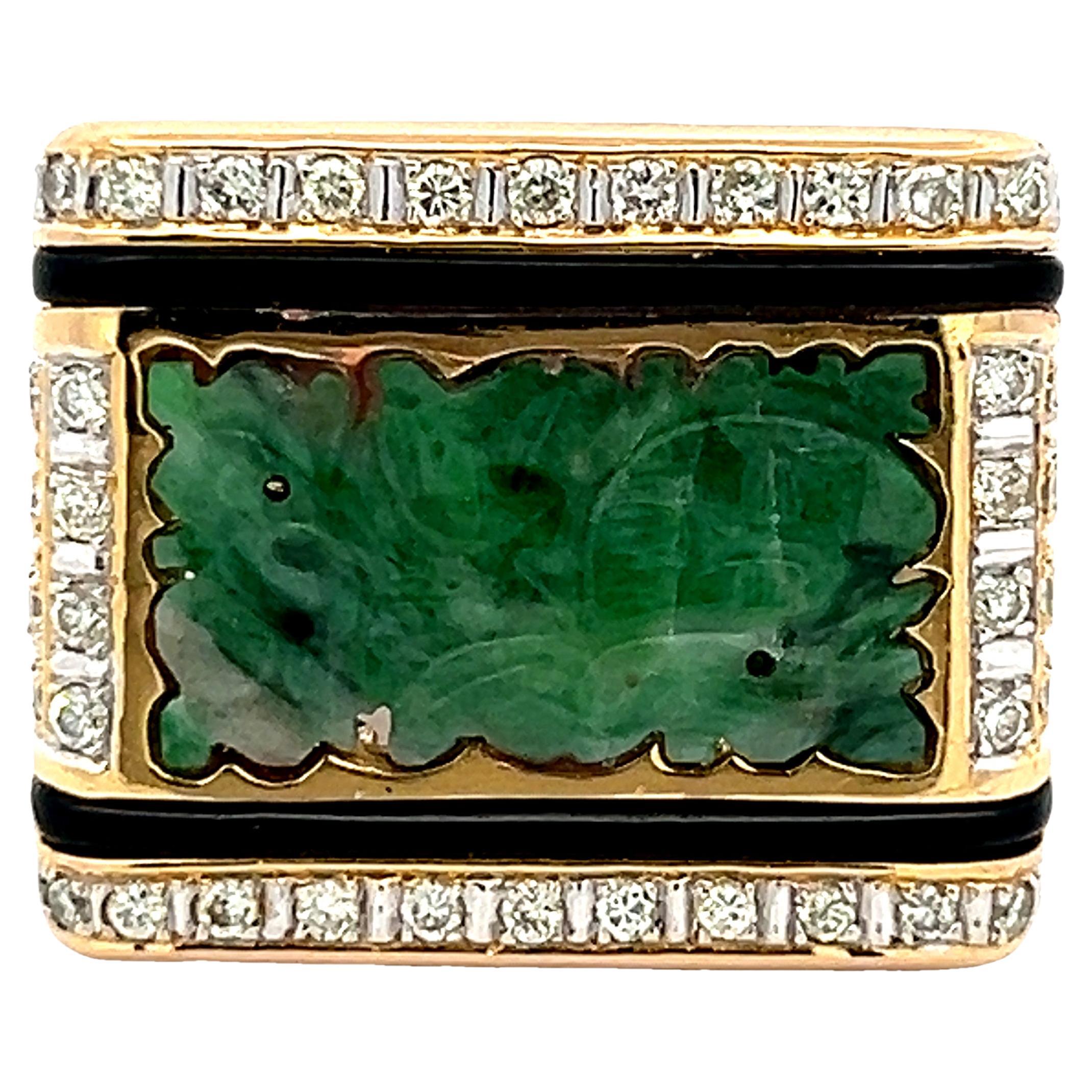Anello da cocktail in giada intagliata, diamante e onice di proprietà  Oro giallo 14K, anni '80 circa in vendita