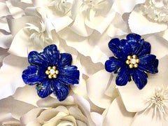 Estate Carved Lapis Lazuli Diamond 18K Yellow Gold Flower Statement Earrings