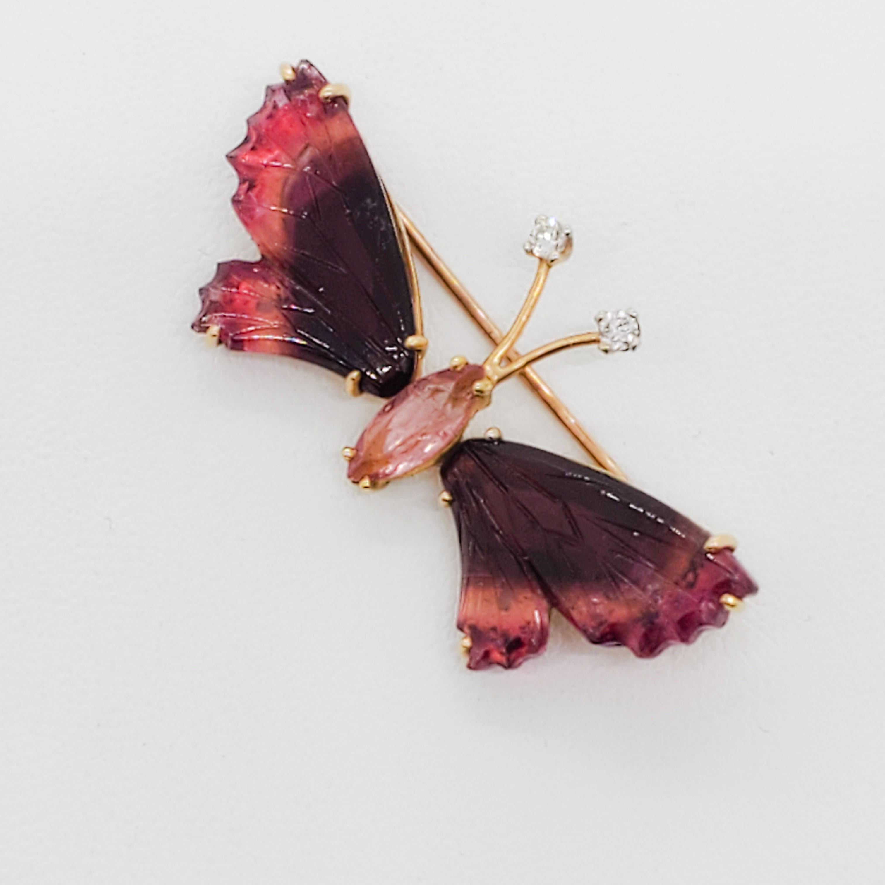 Estate Carved Pink Tourmaline and Diamond Butterfly Brooch in 14k Yellow Gold In Excellent Condition In Los Angeles, CA
