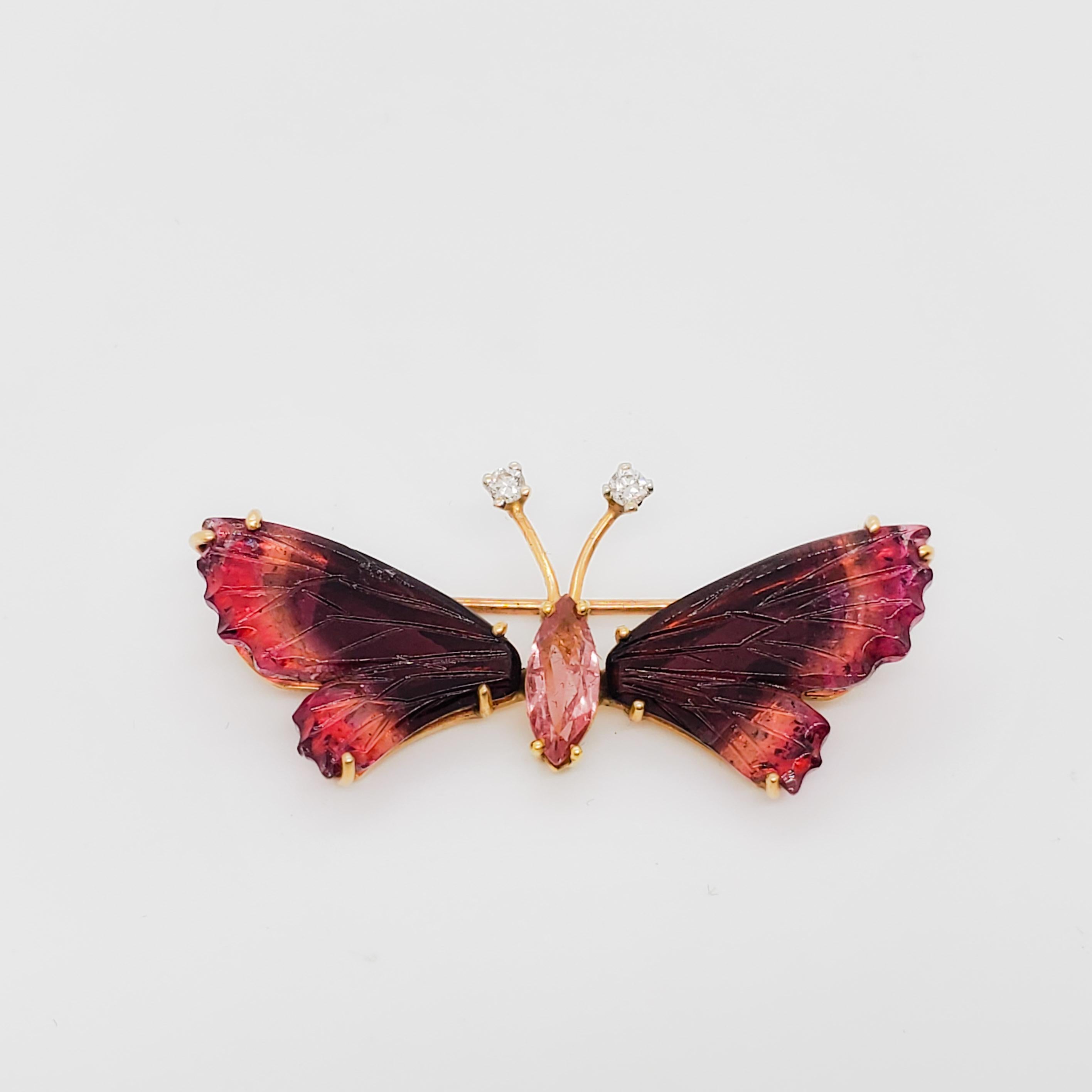 Women's or Men's Estate Carved Pink Tourmaline and Diamond Butterfly Brooch in 14k Yellow Gold