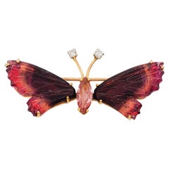 Estate Carved Pink Tourmaline and Diamond Butterfly Brooch in 14k Yellow Gold