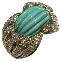 Estate Carved Turquoise & Diamond Cocktail Ring in 18k Yellow Gold