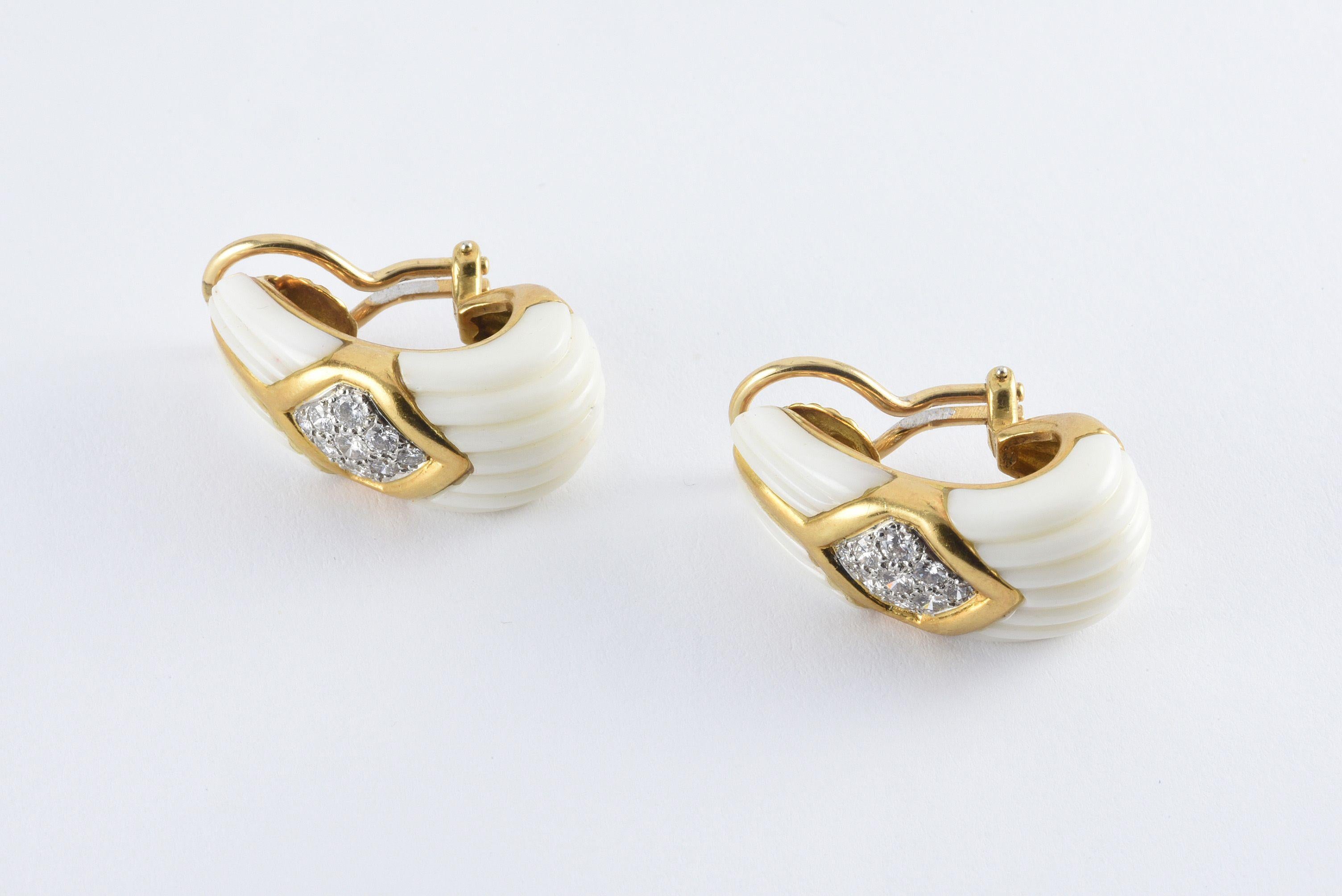 Round Cut Estate Carved White Coral and Diamond Ear Clips For Sale