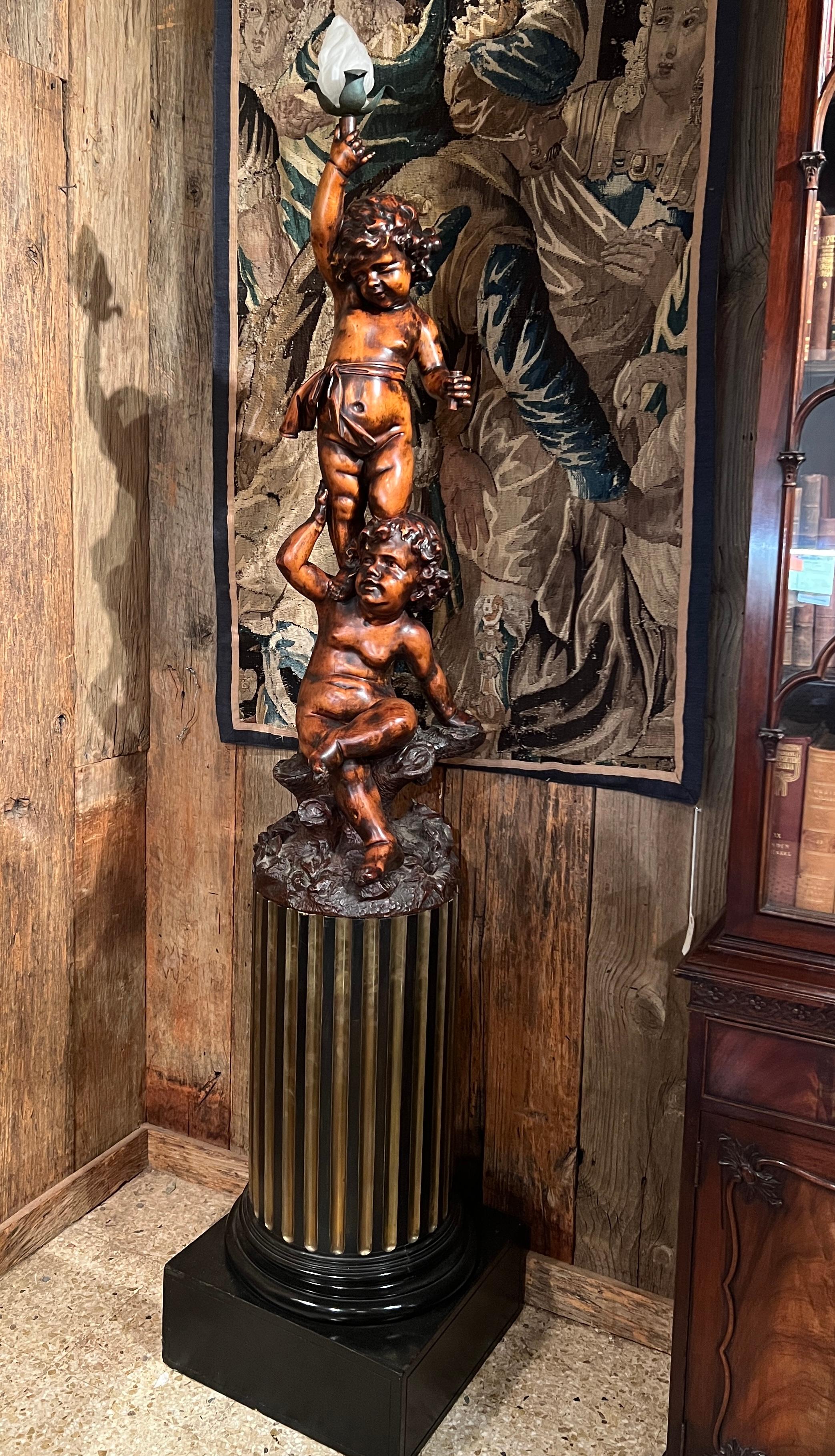 Estate Carved Wood Figurines Upholding a Torch, Circa 1950. For Sale 4