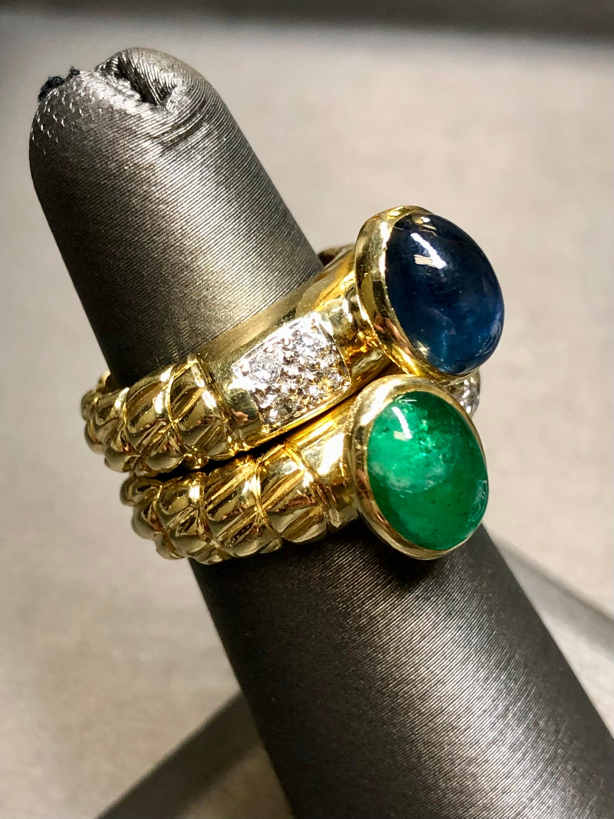 Contemporary Estate CASSIS 18K Cabochon Sapphire Emeralds Diamond Double Band Rings 6.26cttw For Sale