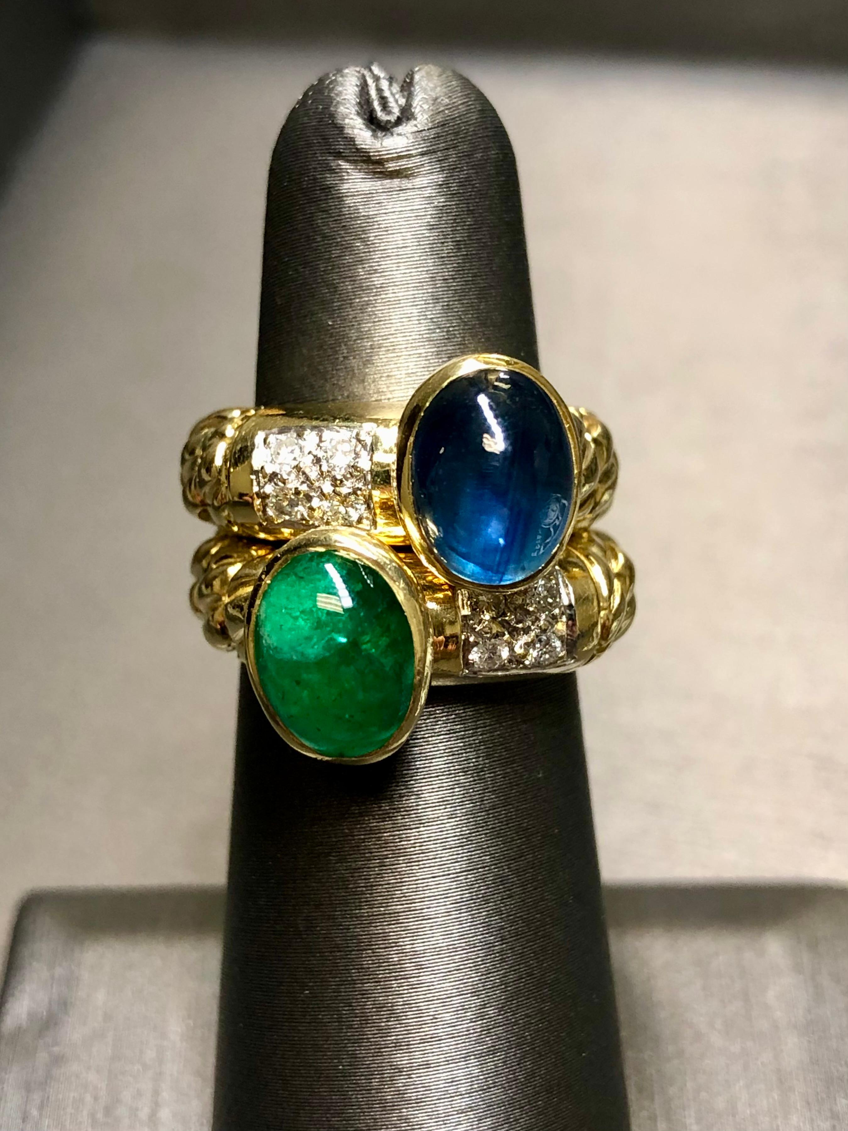 Estate CASSIS 18K Cabochon Sapphire Emeralds Diamond Double Band Rings 6.26cttw In Good Condition For Sale In Winter Springs, FL