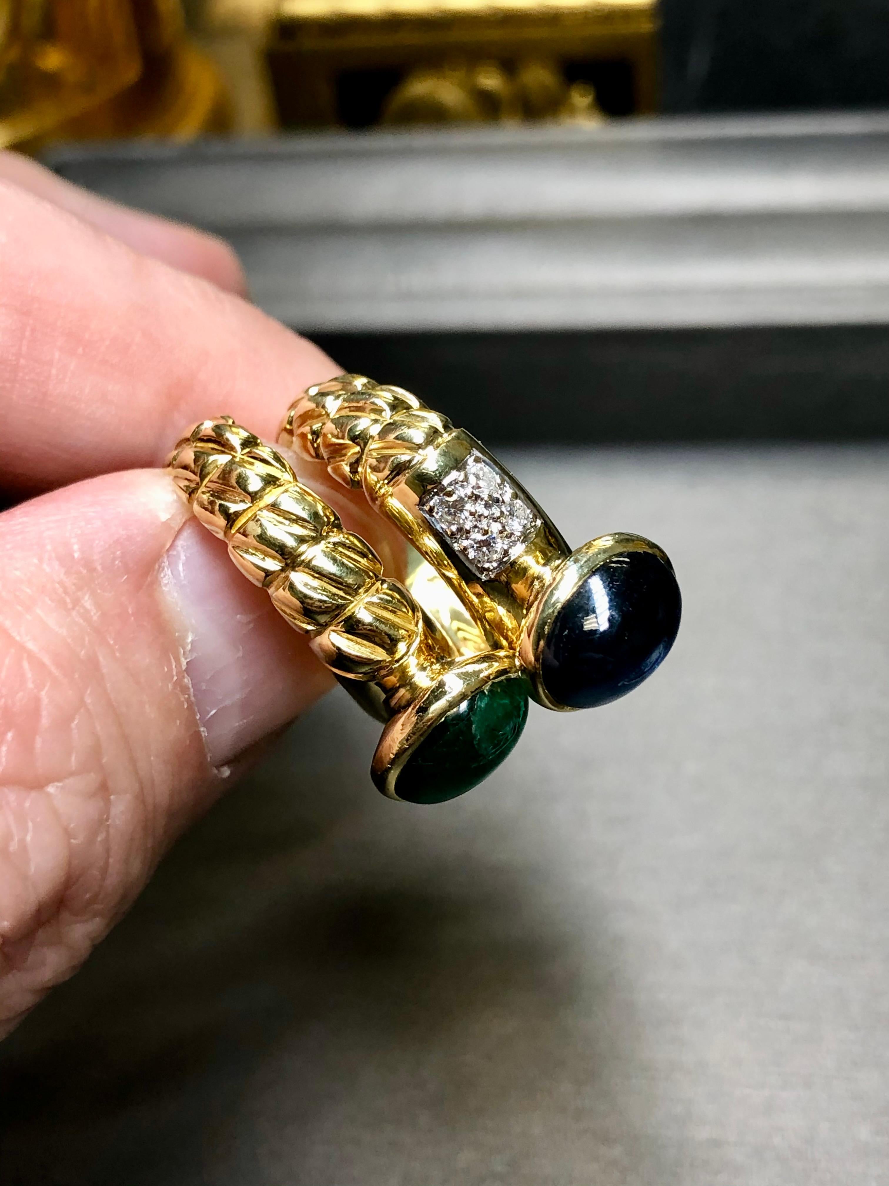 Estate CASSIS 18K Cabochon Sapphire Emeralds Diamond Double Band Rings 6.26cttw For Sale 1
