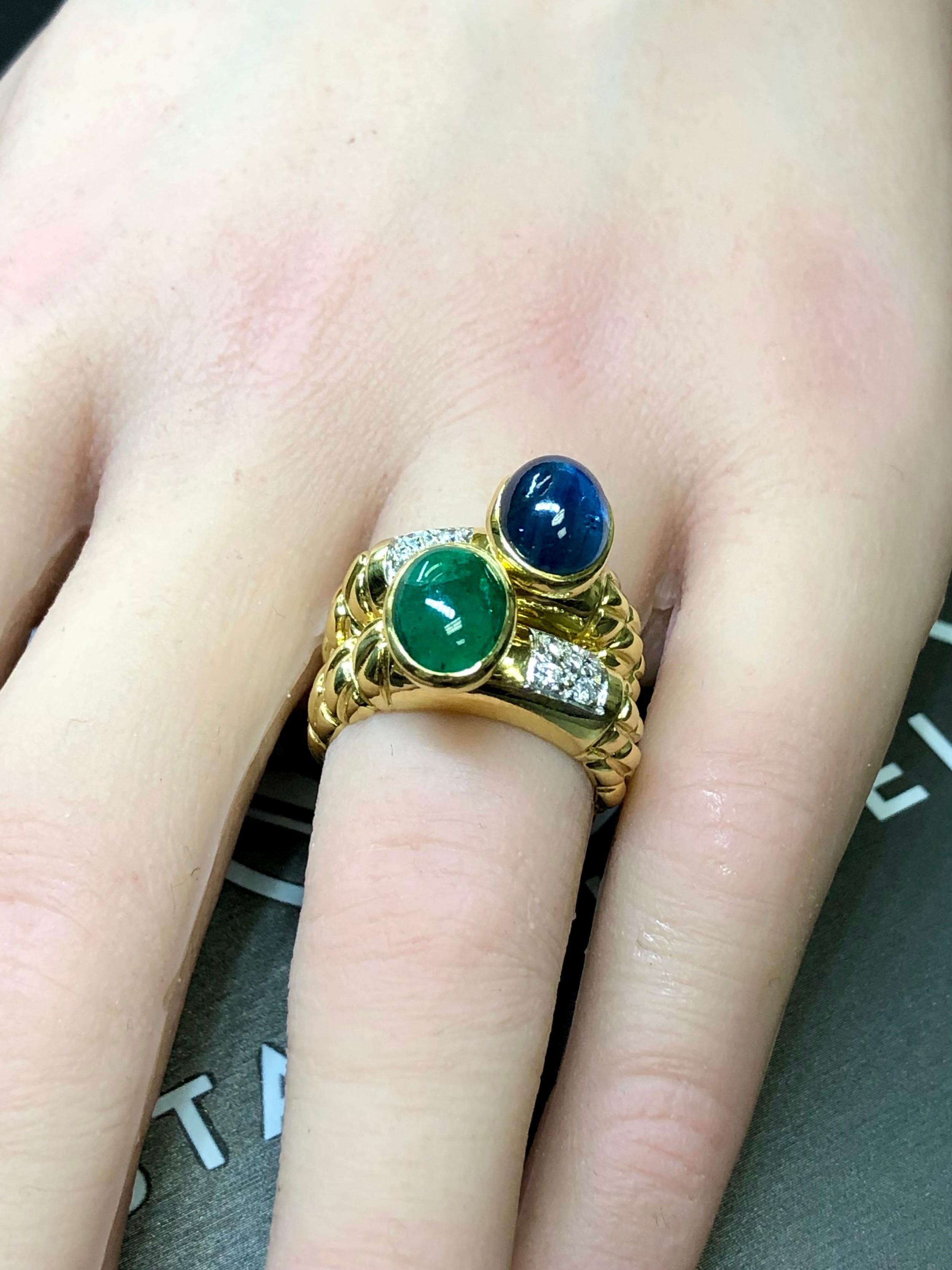 Estate CASSIS 18K Cabochon Sapphire Emeralds Diamond Double Band Rings 6.26cttw For Sale 3