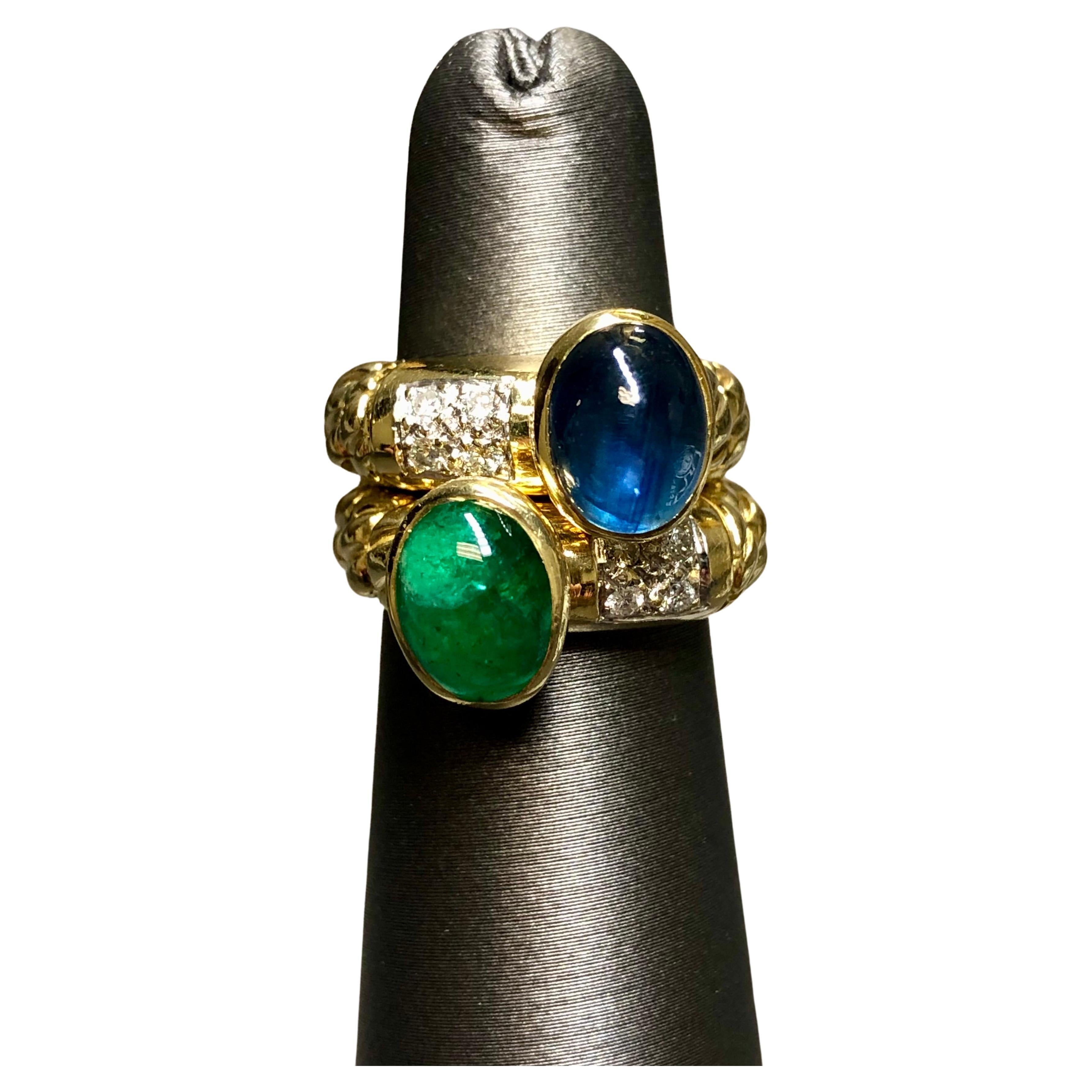 Estate CASSIS 18K Cabochon Sapphire Emeralds Diamond Double Band Rings 6.26cttw For Sale