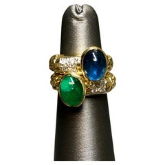 Vintage Estate CASSIS 18K Cabochon Sapphire Emeralds Diamond Double Band Rings 6.26cttw