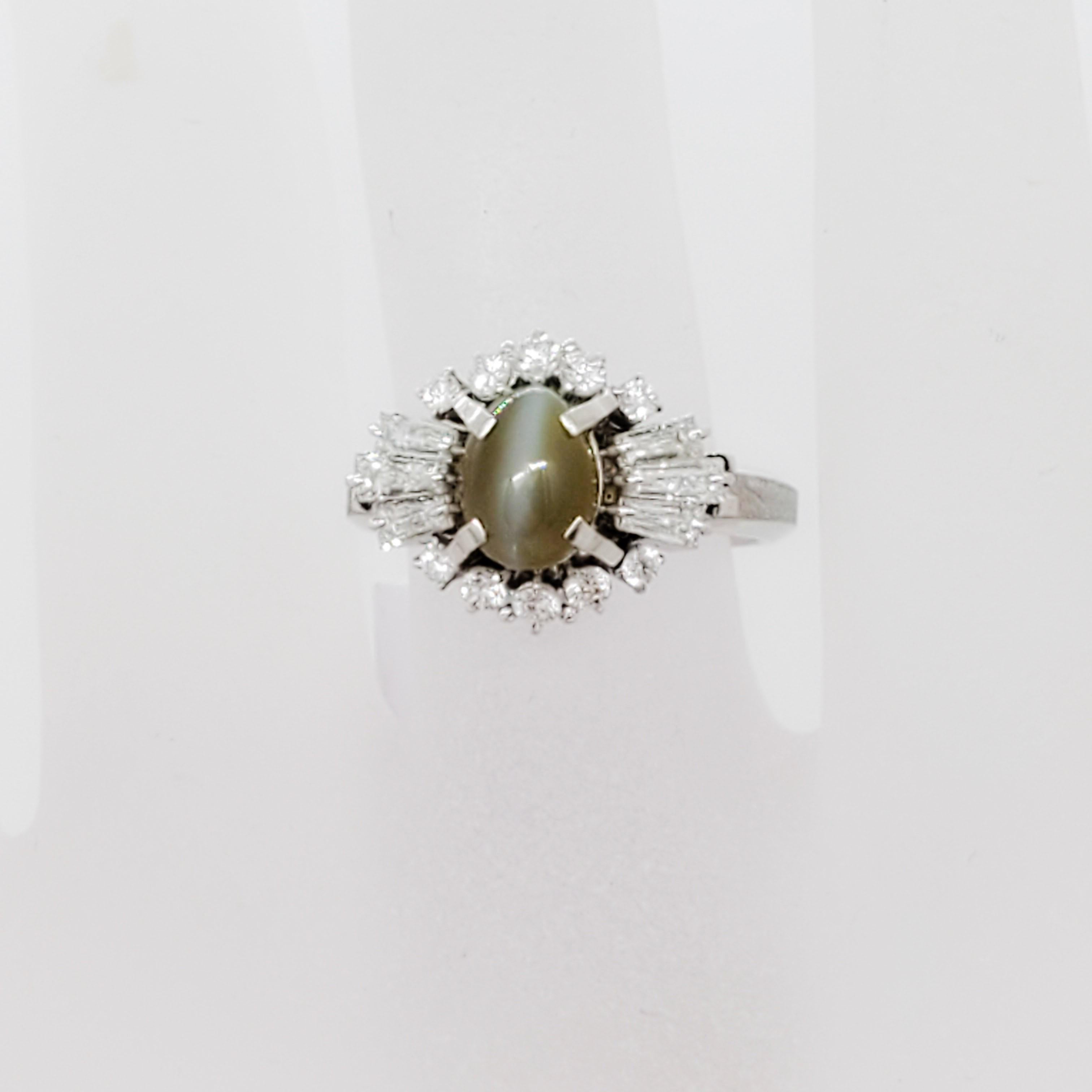 Oval Cut Cat's Eye Chrysoberyl Oval Cabochon and White Diamond Cocktail Ring For Sale