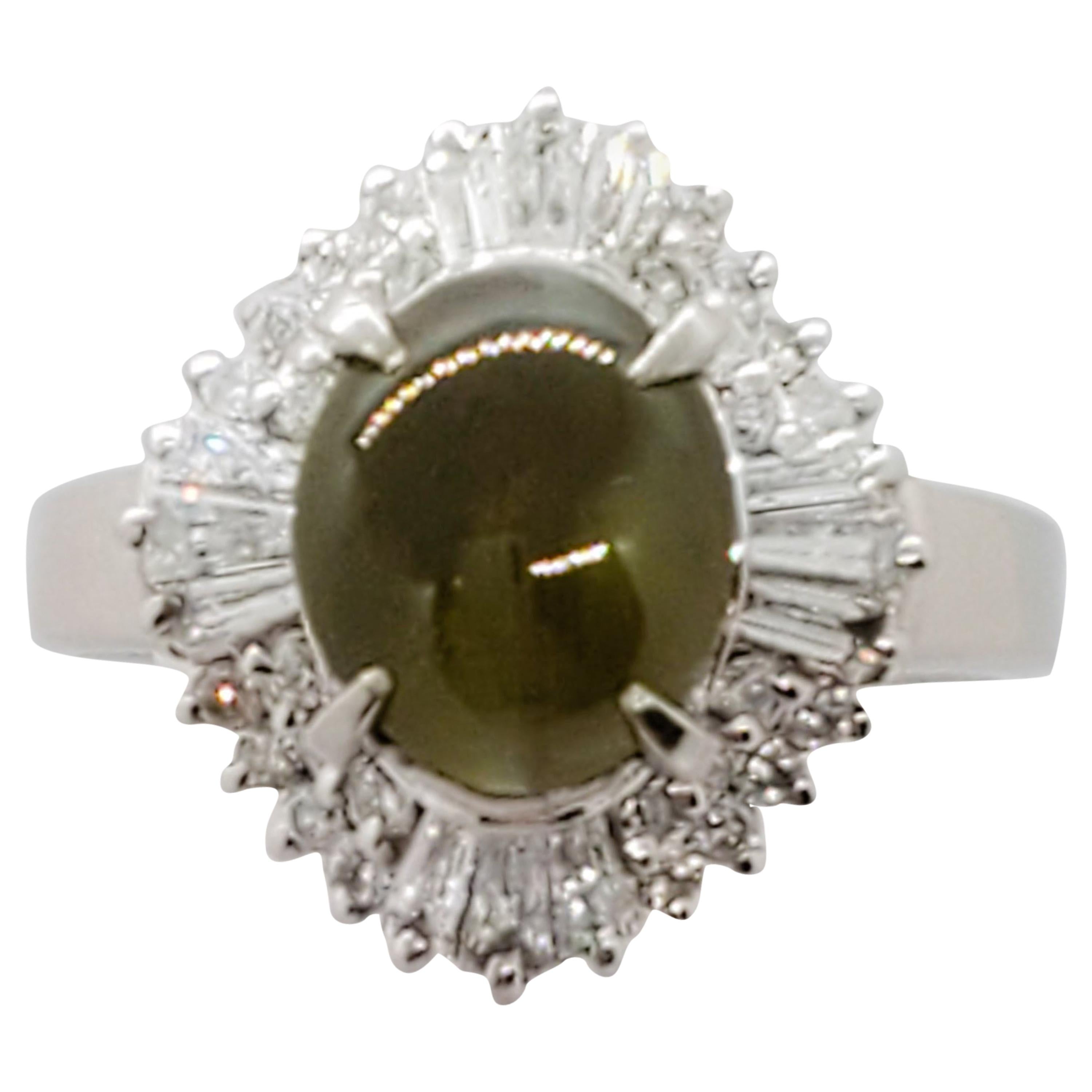Cat S Eye Green Chrysoberyl Cabochon And White Diamond Ring In Platinum For Sale Free Shipping
