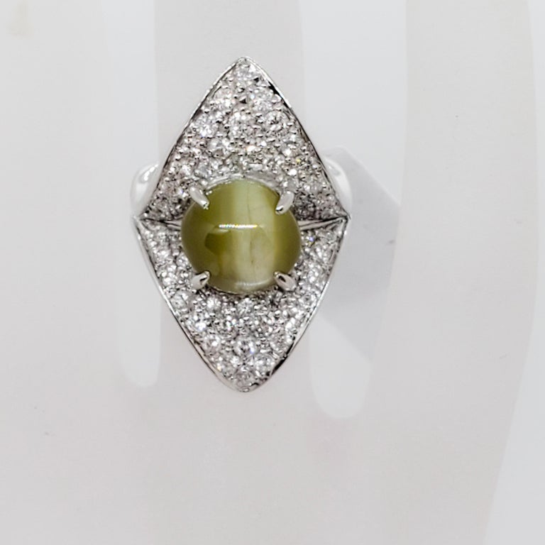 Estate Cat's Eye Green Chrysoberyl and White Diamond Cocktail Ring in