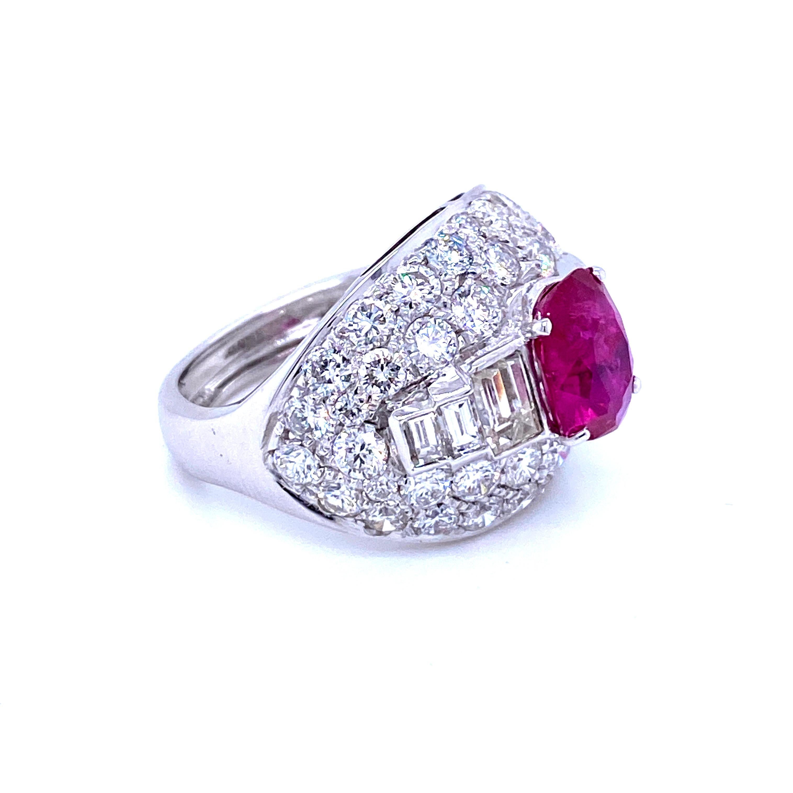 Estate Certified 2.52 Carat Unheated Burma Ruby 3.80 Carat Diamond Trombino Ring 2