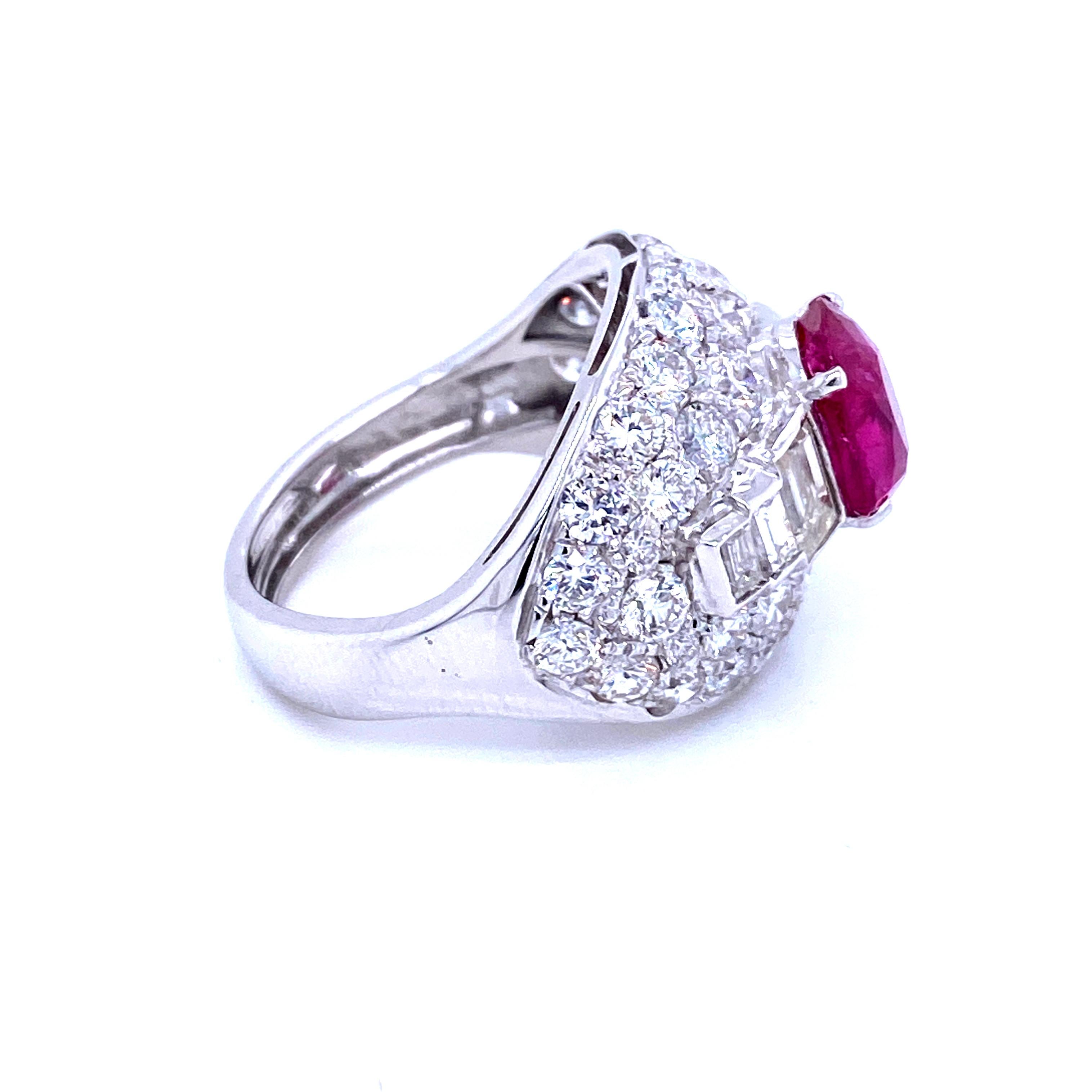 Estate Certified 2.52 Carat Unheated Burma Ruby 3.80 Carat Diamond Trombino Ring 3