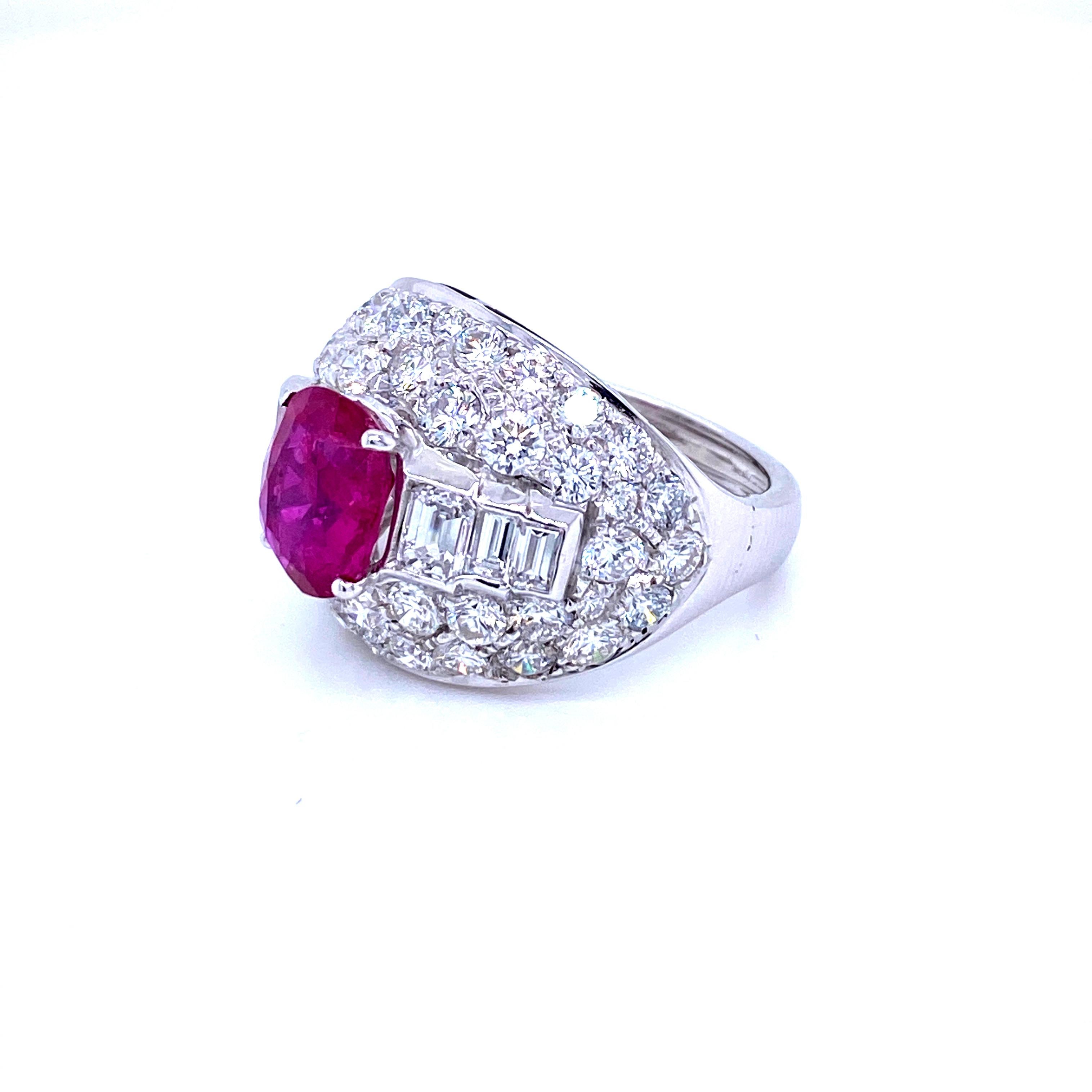 Women's or Men's Estate Certified 2.52 Carat Unheated Burma Ruby 3.80 Carat Diamond Trombino Ring