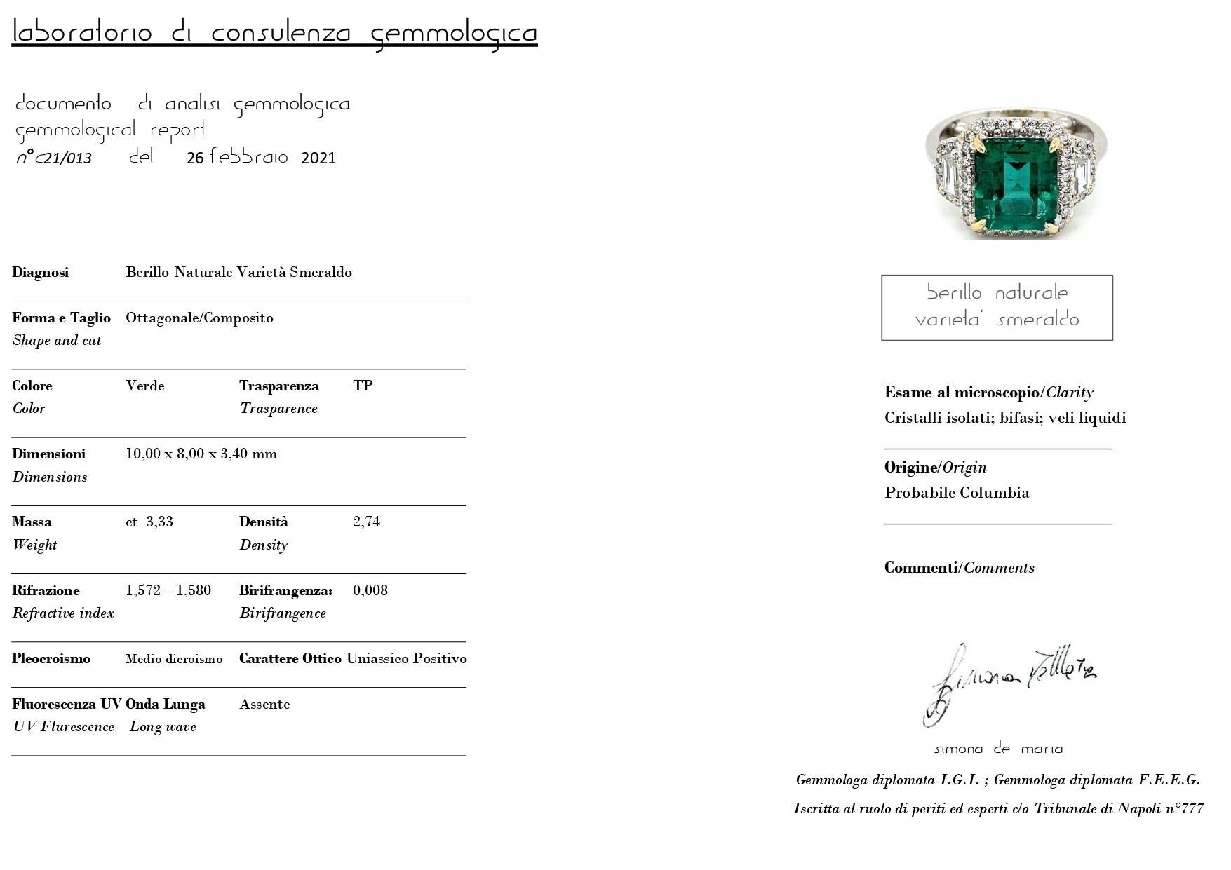 Estate Certified 3.34 Carat Natural Emerald Diamond Ring For Sale 7